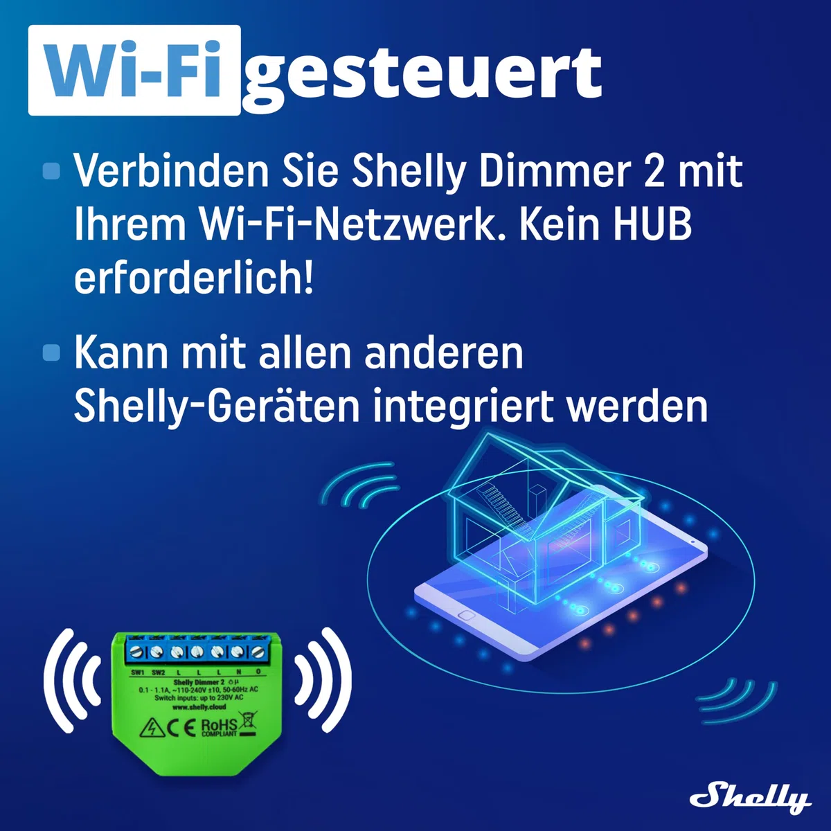 Shelly Dimmer 2, Intelligenter Wlan Dimmer, Kein Neutralleiter nötig, Hausautomatisierung, Kompatibel mit Alexa & Google Home, iOS Android App, Kein Hub erforderlich, Dimmbare Lichter
