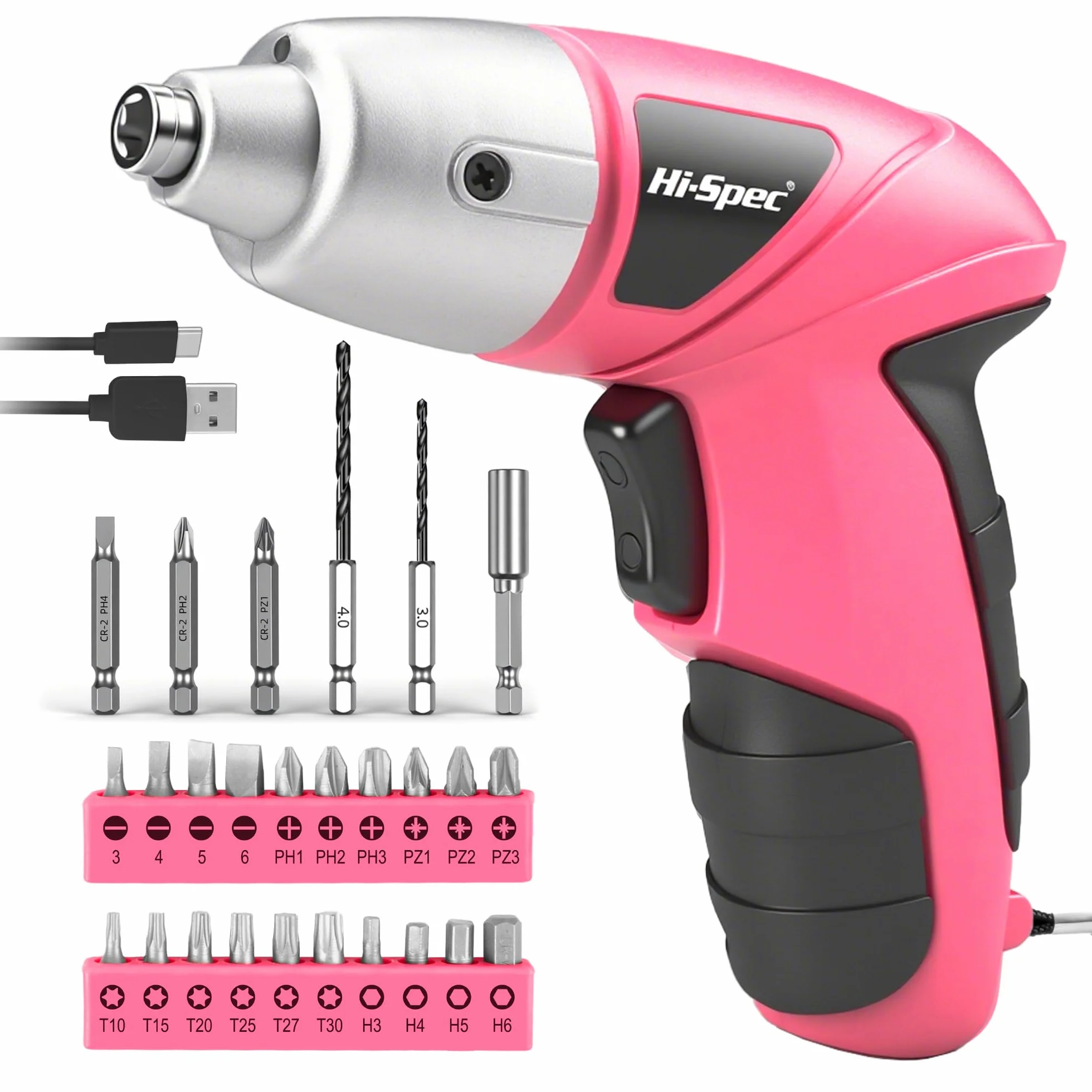 Hi-Spec Akkuschrauber klein in Pink Rosa mit wiederaufladbarem 3.6-V-Akku und LED-Licht. Mit 26-teiligem Zubehör Schraubendreher Bit Set – Mini Akkuschrauber für Frauen