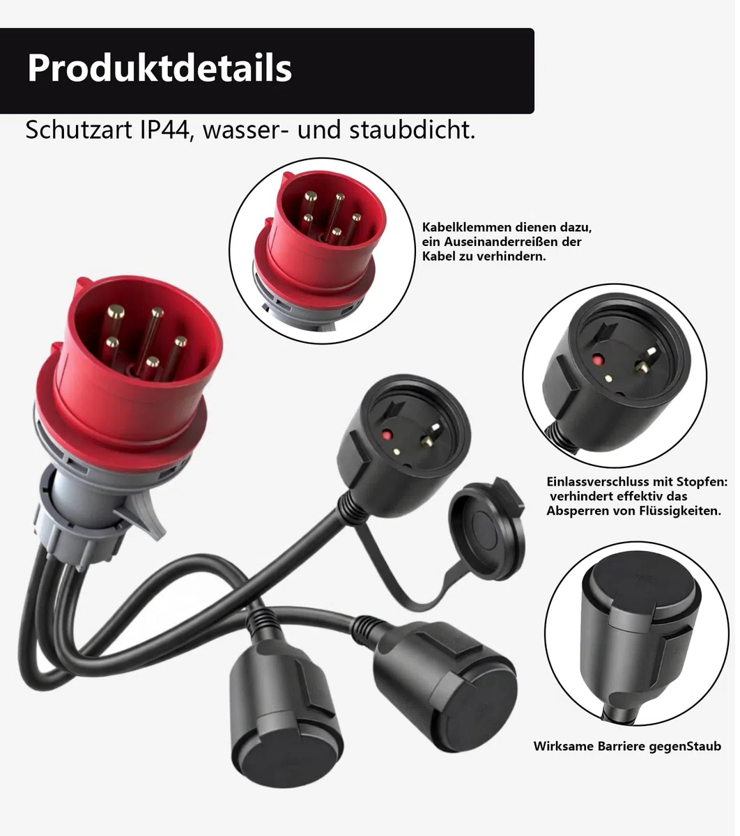 CEE Adapter Starkstrom Verteiler 16A 400V auf 230VX3X1.5mm²,cee stromverteiler 16a,Starkstrom adapter 400V auf 230v mit Klappdeckel & Schutzkontaktsteck IP44 für Industrie Caravan Außenber
