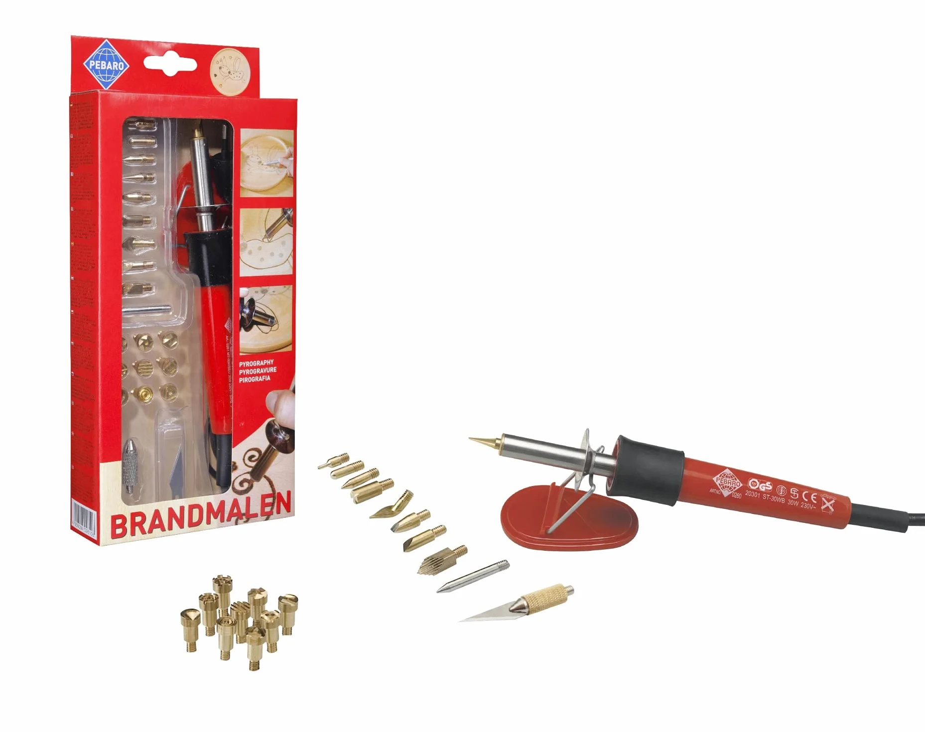 Pebaro 0261 Brandmal Set, Brandkolben, 9 Brennstempel, 9 Brennspitzen, Lötspitze, Styropormesser, Brandmalerei, Pyrographie, Holzbrennen, Holzbrenner, Löten, Styropor schneiden, Basteln mit Holz
