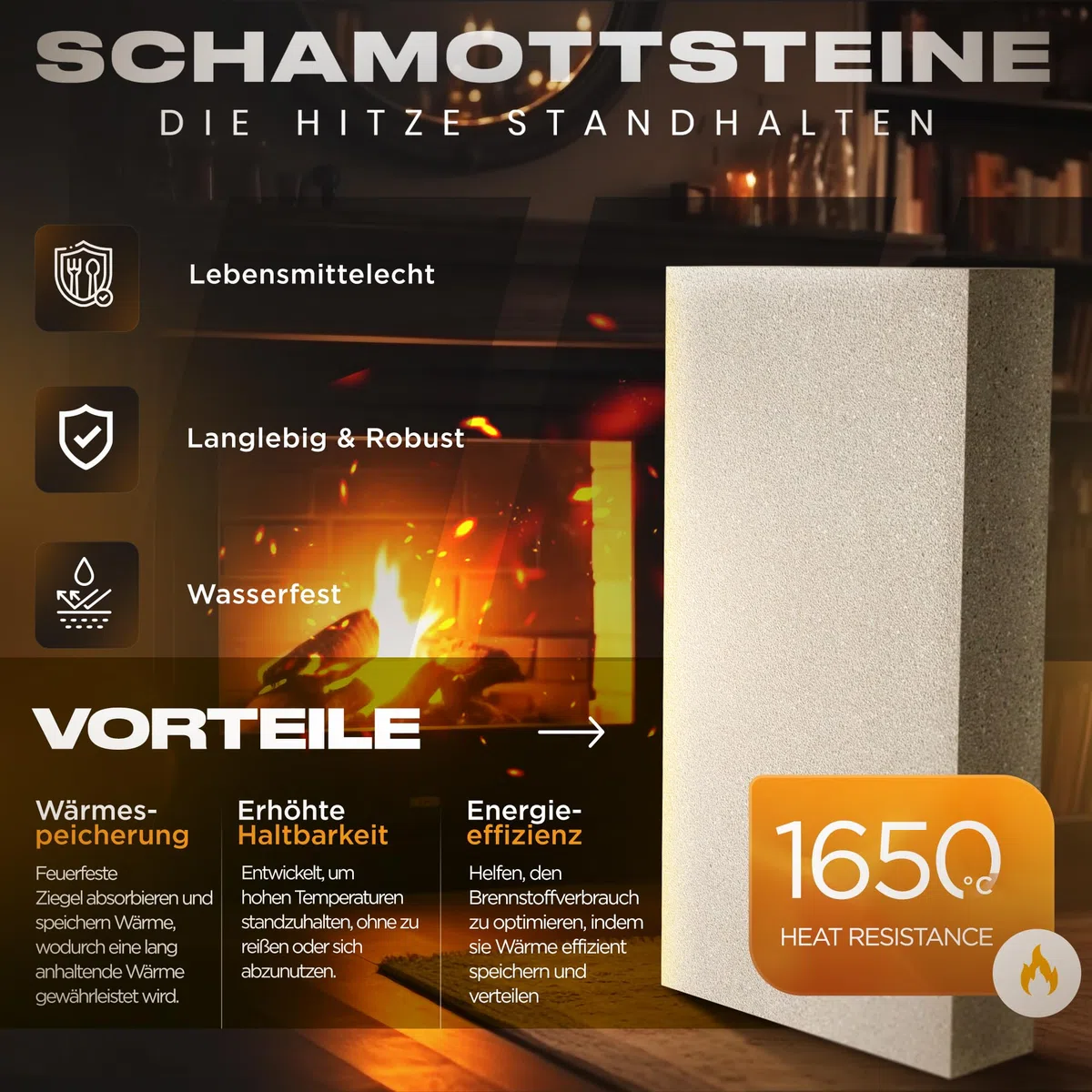 Pack 6 Schamottsteine 22 x 11 x 3 cm | Hergestellt aus Feuerfester Tonerde | Schamotteplatten Perfekte Feuerziegel für Kamine, Öfen und Grills
