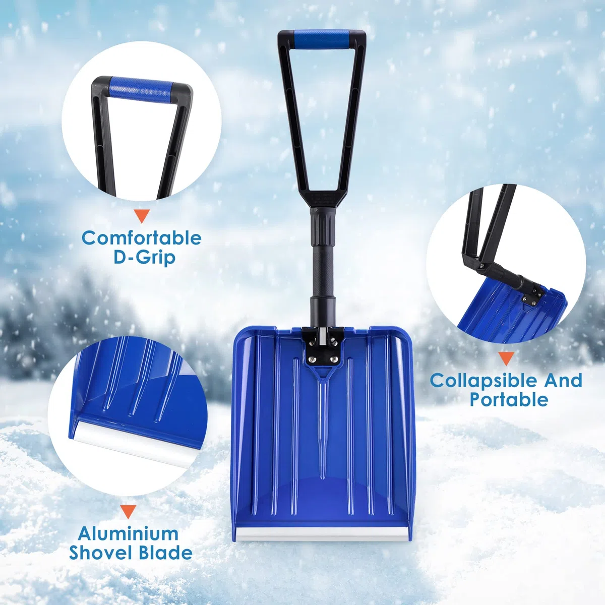 ORIENTOOLS Schneeschaufel,Schwere Faltbare Schneeschaufel,Schneeschaufel Auto mit zusammenklappendem D-Griff (blau, Länge: 14-31,5 '', Klinge: 13 '' x 11 '')