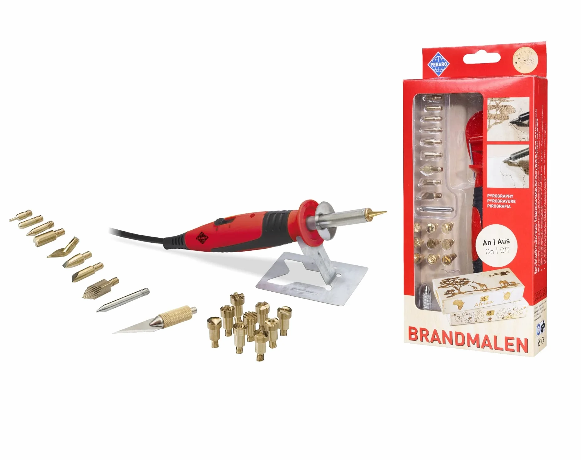 Pebaro 0262 Brandmalkolben mit An/Aus-Funktion, 9 Brennstempel, 9 Spitzen, Lötspitze, Styropormesser, Brandmalerei, Pyrographie, Holzbrennen, Holzbrenner, Löten, Styropor schneiden, Basteln mit Holz