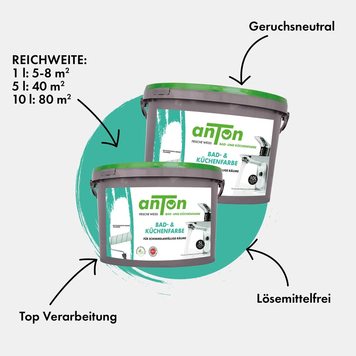 Anton Bad- und Küchenfarbe | Ökologische Wandfarbe | Spezialfarbe | Direkt auf Schimmel mit Sofortwirkung & Vorbeugung | deckt beim ersten Anstrich (1 Liter 6-8m2)