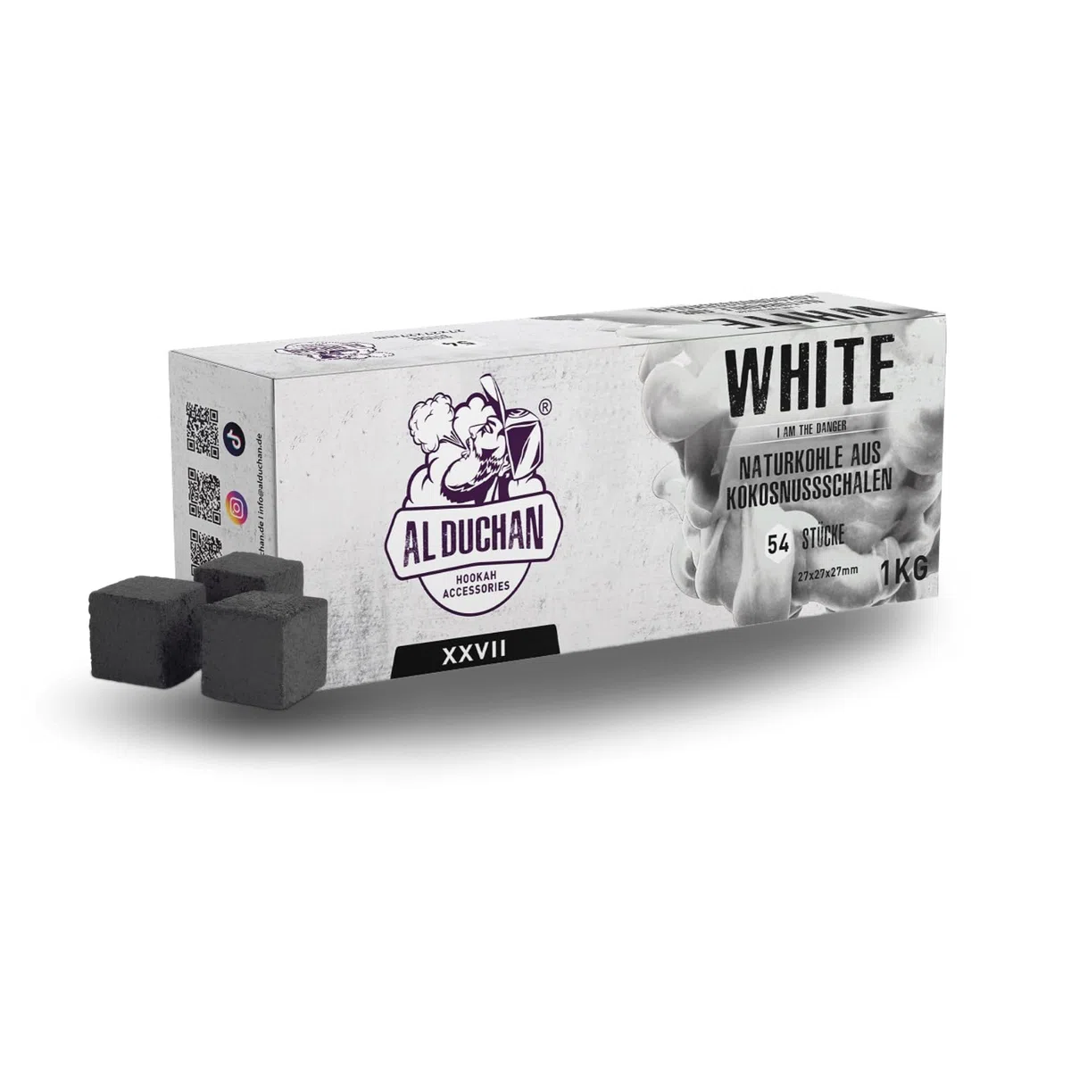 Shisha Kohle Naturkohle – Premium Kokoskohle für Wasserpfeife – 1KG, 4KG, 10KG, 20KG – Hohe Hitze, Lange Brenndauer (White 27x27x27mm 1KG)