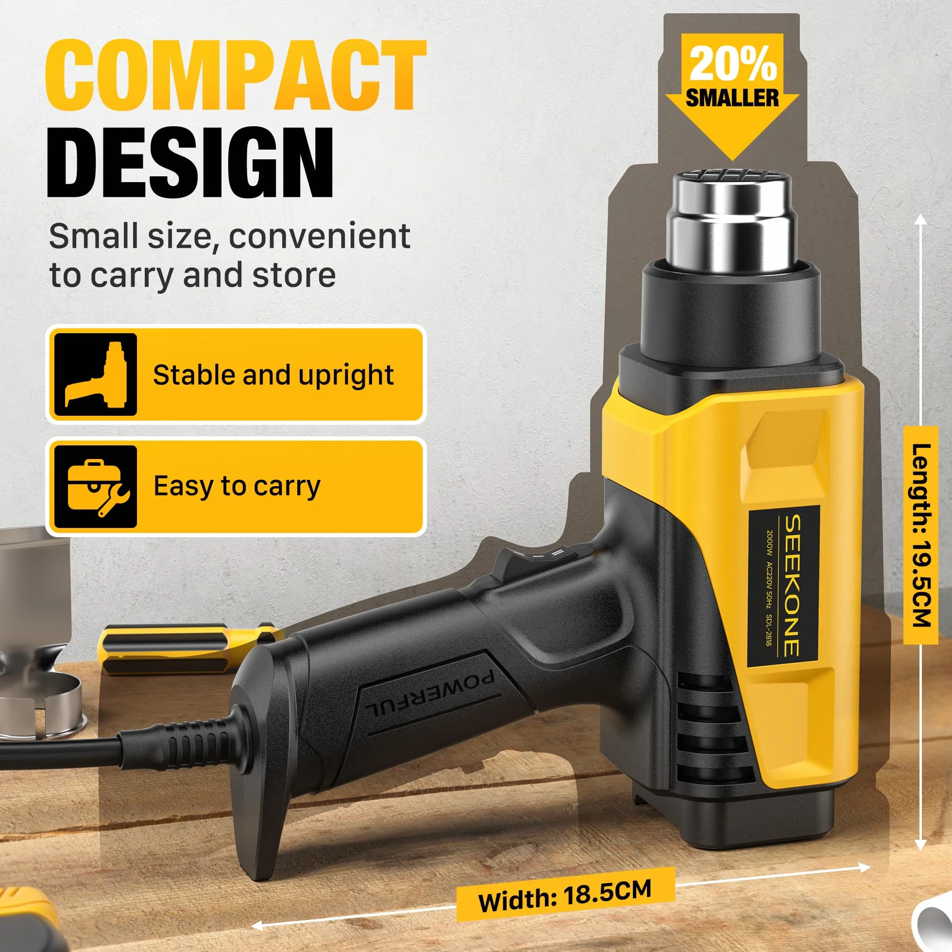 SEEKONE Heißluftfön 2000W Heißluftpistole mit einstellbarer Temperatur 50-600℃ Heißluftpistolen-Kit mit 1.5S Schnelles Aufheizen und Überlastschutz für DIY-Handwerk Entfernen von Farbe