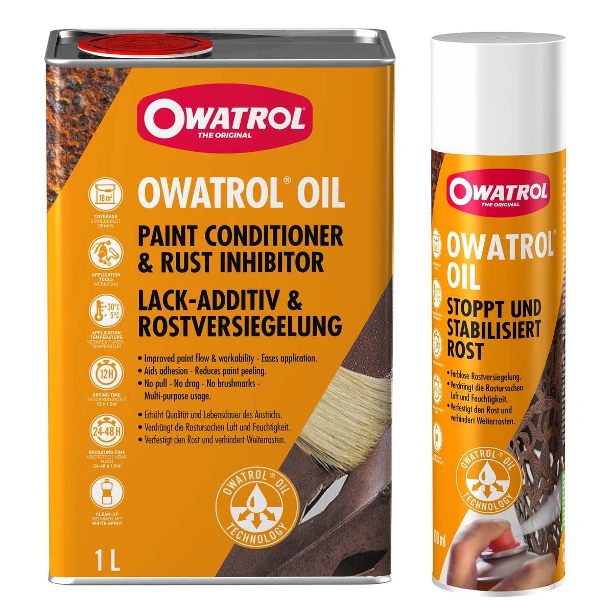 OWATROL | OIL Set Rostschutzlack 1 L + Spray 300 ml | Farblos & tiefenwirksam | Stoppt Rost & schützt Oberflächen aus Metall Kunststoff Glas & Holz dauerhaft