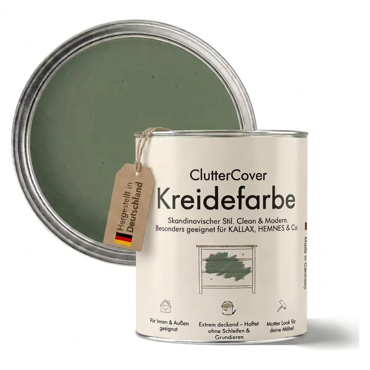 Möbelfarbe ohne Schleifen 750ml - Kreidelack geeignet zum Streichen beschichteter Möbel, Kreidefarbe für Holz, Melamin, Pressspan, Kunststoff & Fliesen, für ca. 6m² (Eukalyptus)