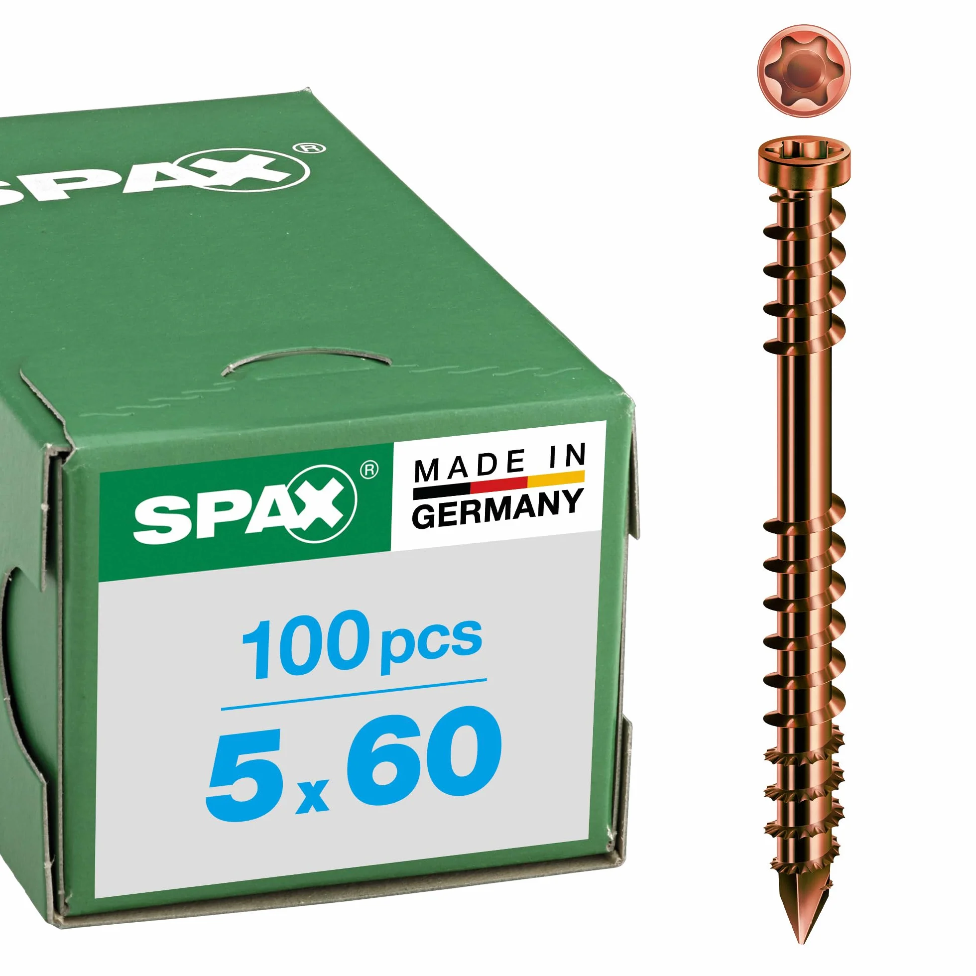 SPAX Terrassenschraube aus Edelstahl rostfrei A2, 5,0 x 60 mm, 100 Stück, T-STAR plus, Zylinderkopf, Fixiergewinde, CUT-Spitze, antik, 0537900500603