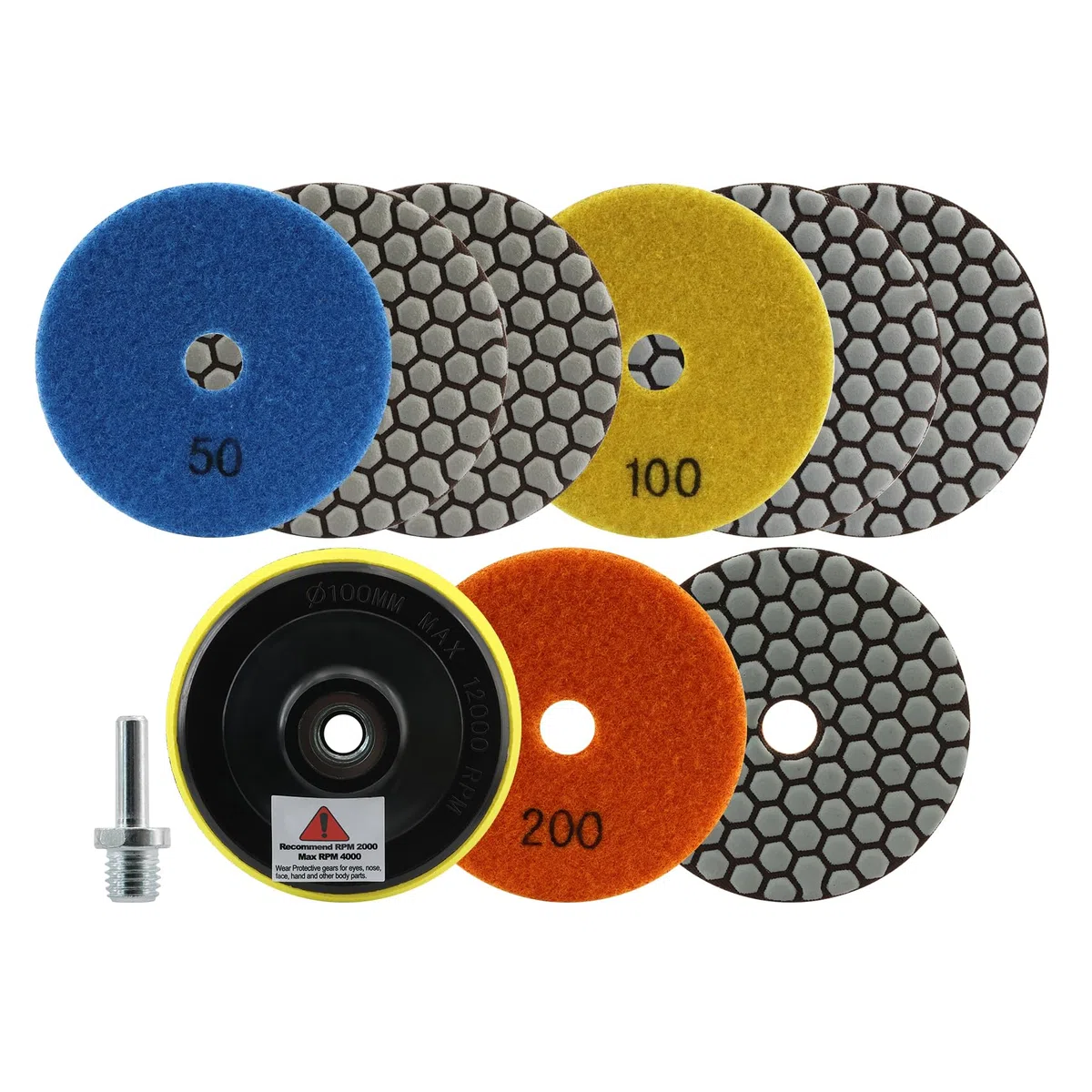 FOCSTOL Diamant Trocken Polierscheiben - 8 Stück 100mm (#50x3+#100x3+#200x2) Diamant Schleifpad M14 Unterlage für Granit Marmor Kunststein Quarz für Winkelschleifer