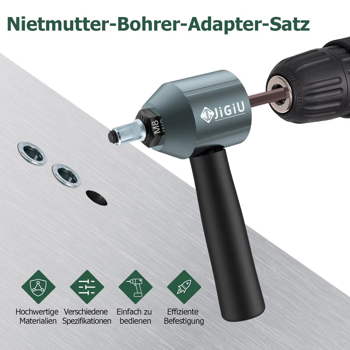 JiGiU Nietmuttern Adapter Kit für Elektrische Bohrmaschine Profi Nietmutternaufsatz mit 5 Art Dorne M3 M4 M5 M6 M8 & 40PCS Nietmutter in Robuste Koffer, Nietaufsatz für Bohrmaschine & Akkubohrer