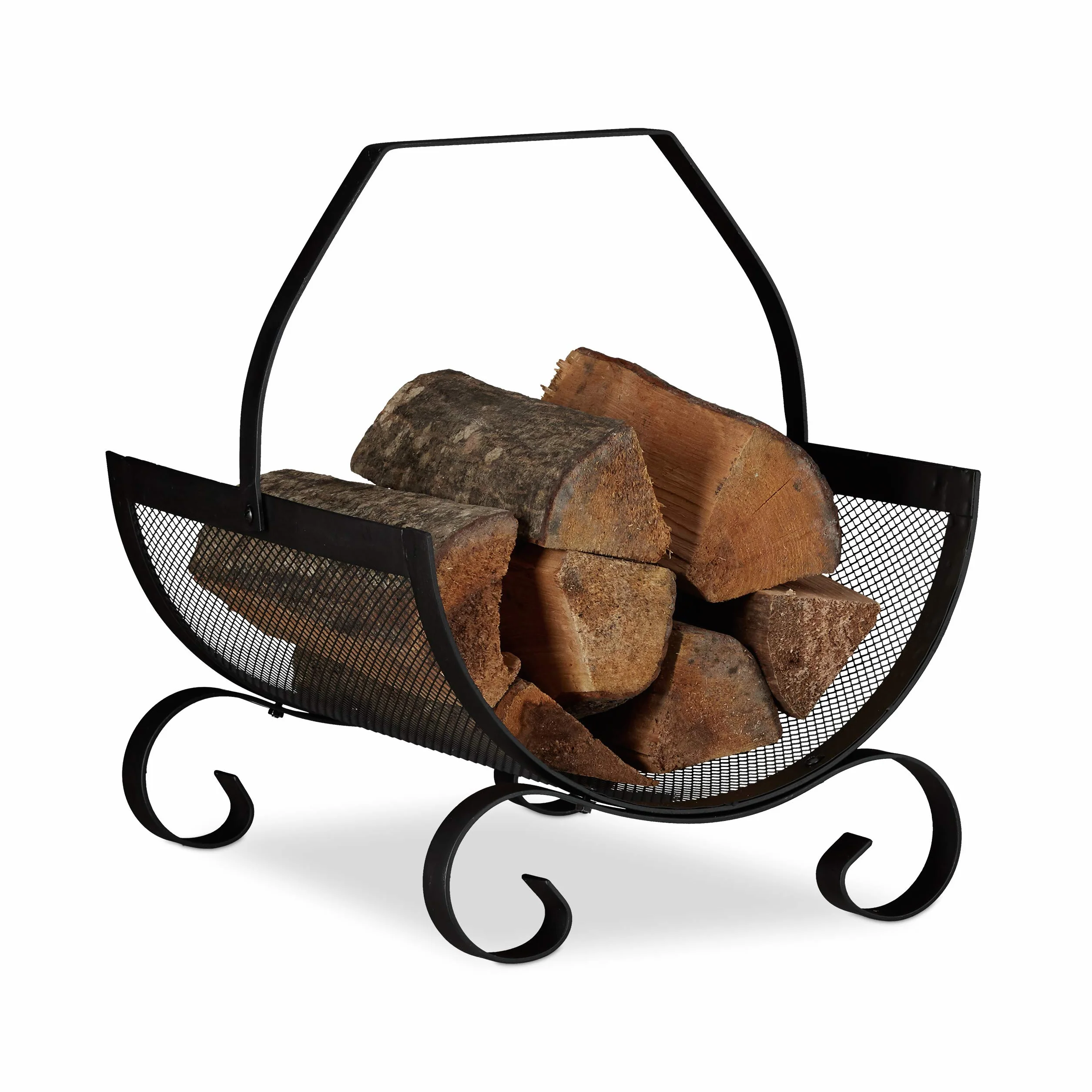 Relaxdays Kaminholzkorb schwarz, Brennholzkorb groß, Holzwiege Kamin, Feuerholzkorb Metall, HxBxT 40 x 33 x 38 cm, black
