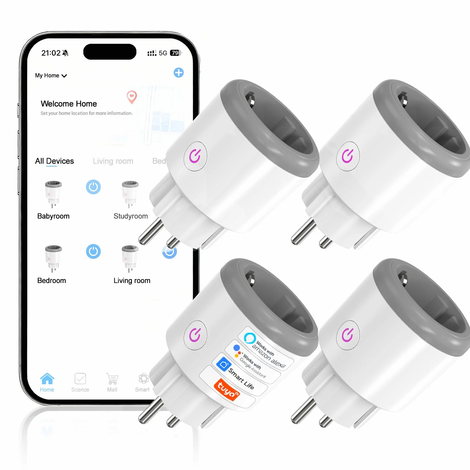 Wlan Steckdose 16A Alexa Steckdose Smart Home WiFi steckdosen Fernzugriff Sprachsteuerung Smart Steckdosen WLAN & Bluetooth Steuerung Smart Plug (4pcs, Weiß Grau)