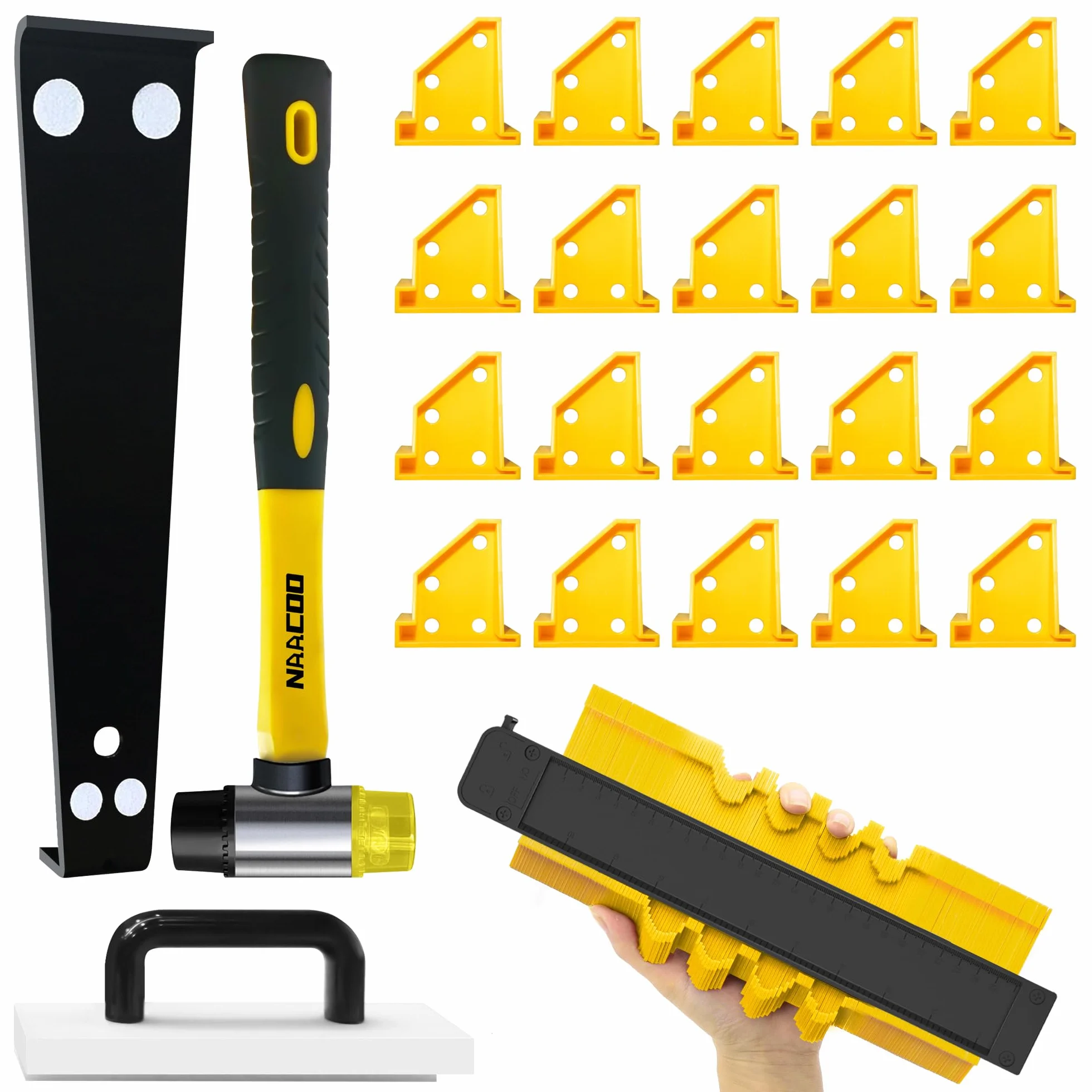 Zozen Laminat Verlegeset,laminat werkzeug,Professionelle Vinyl Bodenbelag Werkzeuge-Schlagklotz, 10 "Konturmessgerät, Pull-Bar, 2 in 1 Bodenabstand, Hammer.