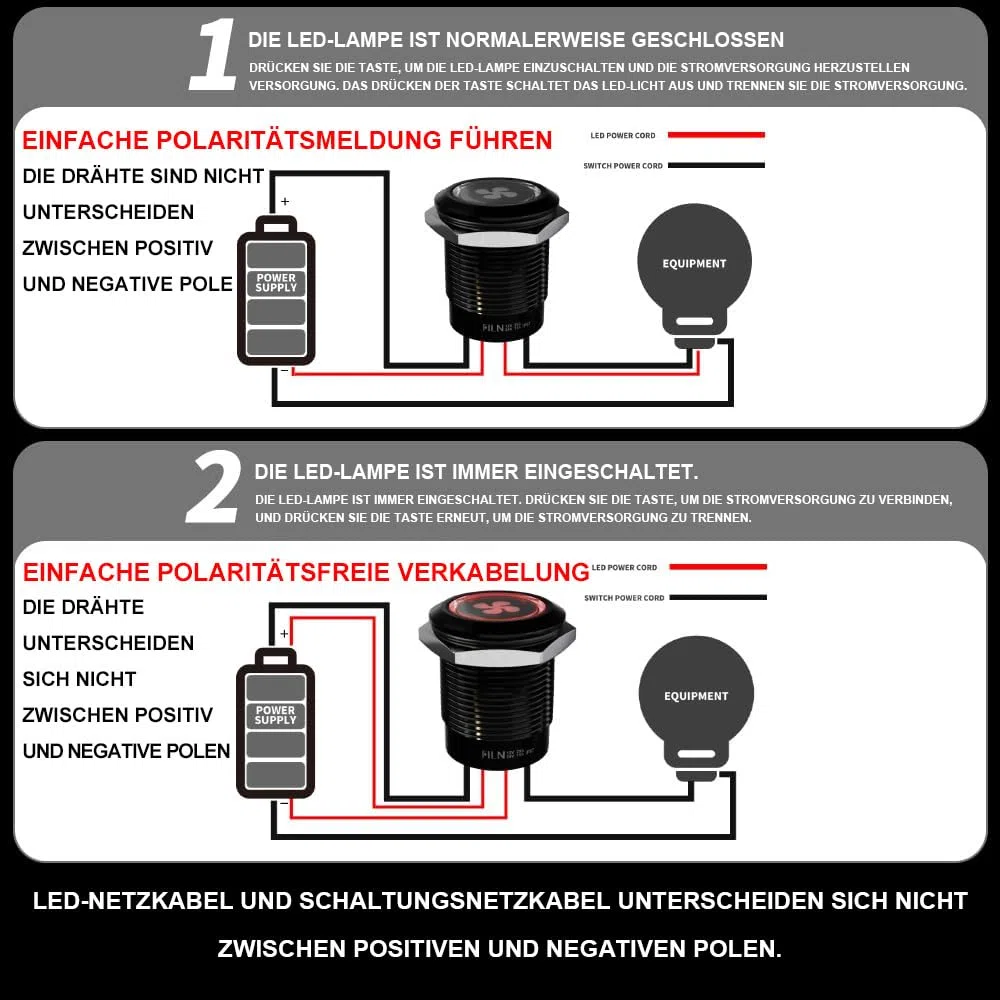 2Stück 22mm LED Taster Metall Druckknopf,Vorverdrahtet 20A 12-24V DC IP67 Leuchttaster Mit 185 Austauschbaren Symbolen 1NO1NC Für Auto,Boot,Industrie（Weiß LED）