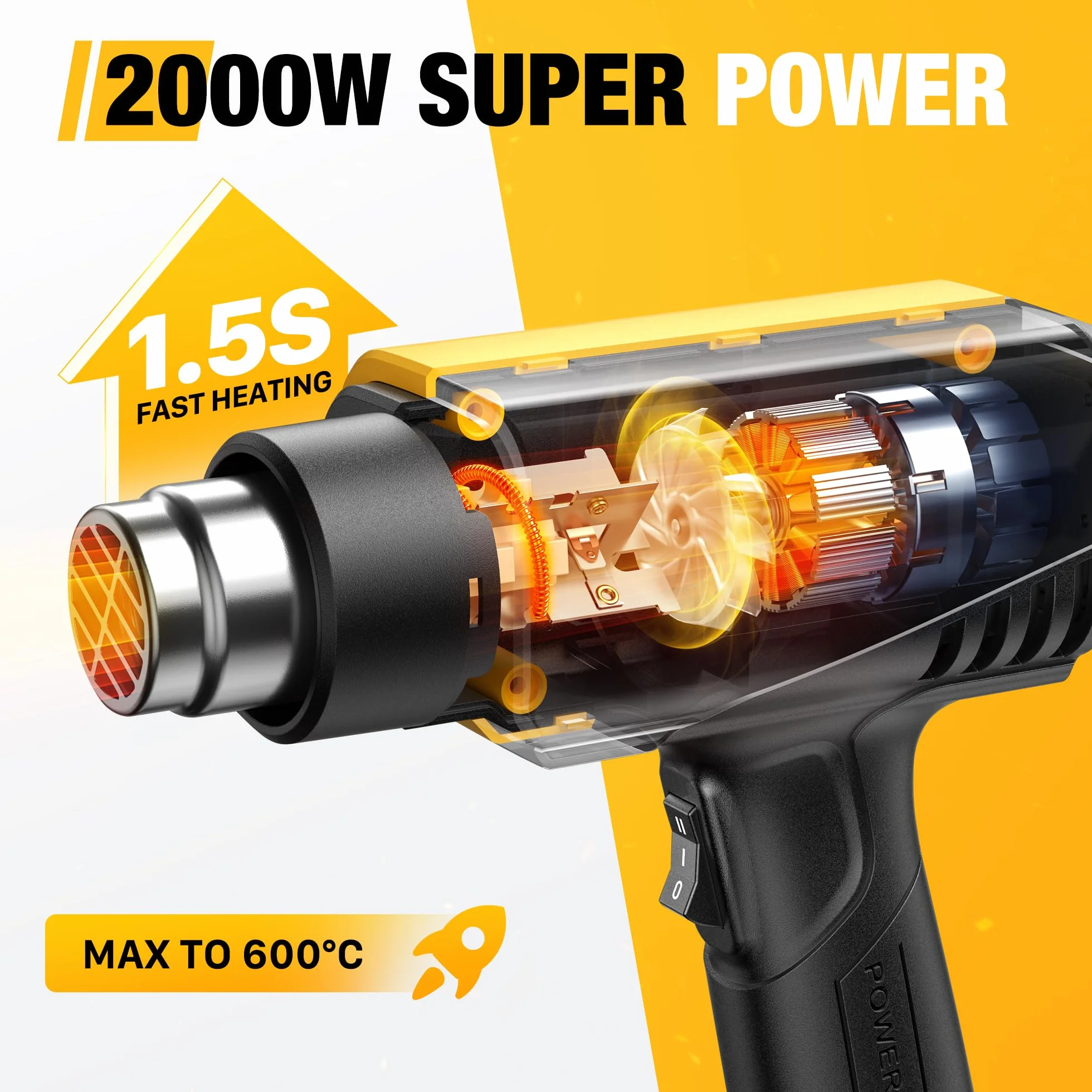 SEEKONE Heißluftfön 2000W Heißluftpistole mit einstellbarer Temperatur 50-600℃ Heißluftpistolen-Kit mit 1.5S Schnelles Aufheizen und Überlastschutz für DIY-Handwerk Entfernen von Farbe