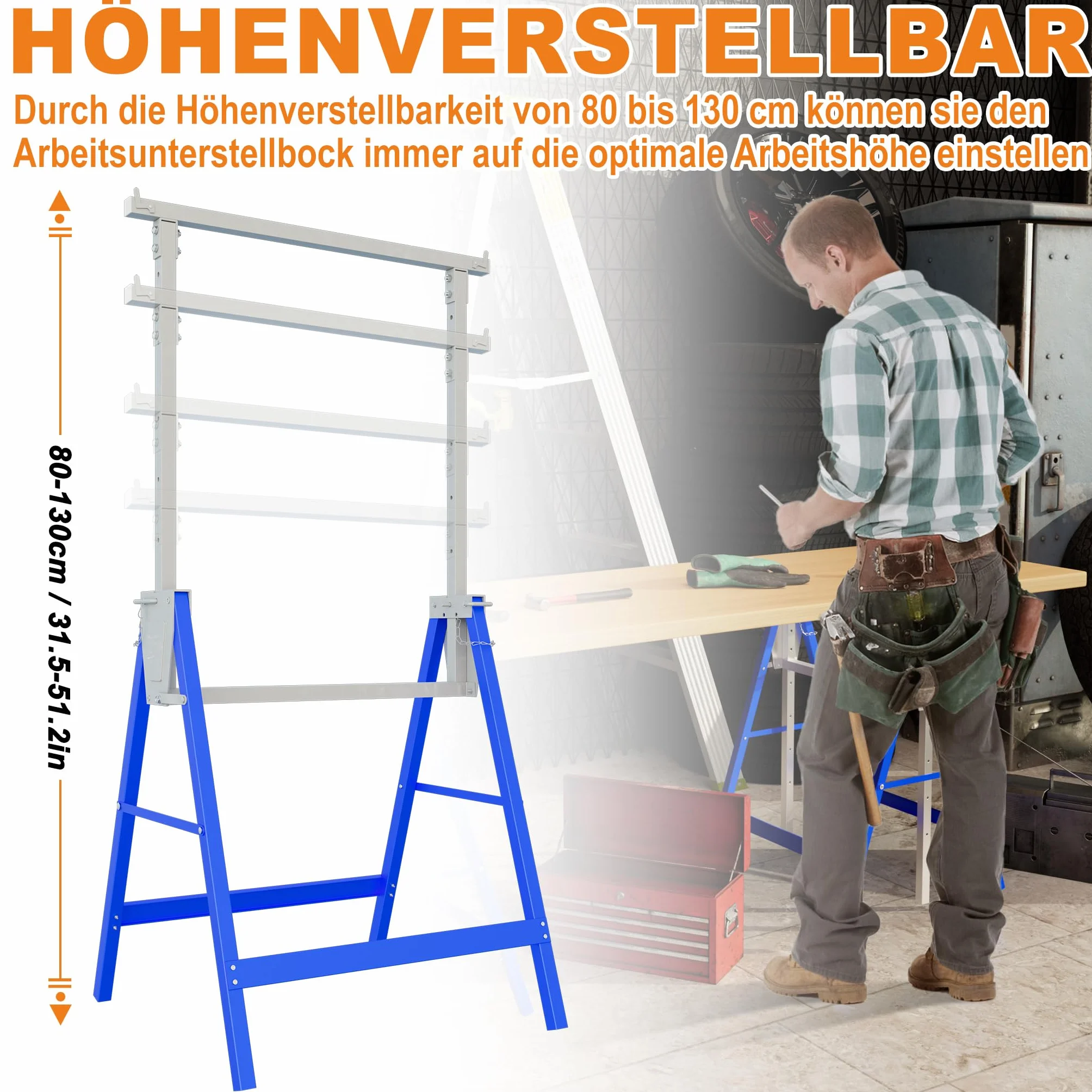 YRHome Höhenverstellbarer Arbeitsbock 2er Set, Stahl Klappbare Unterstellböcke, Tragkraft 150 kg pro Bock, 7 Stufen Verstellung 80-130 cm, Robuste böcke als Gerüstbock für Werkstatt & Baustelle