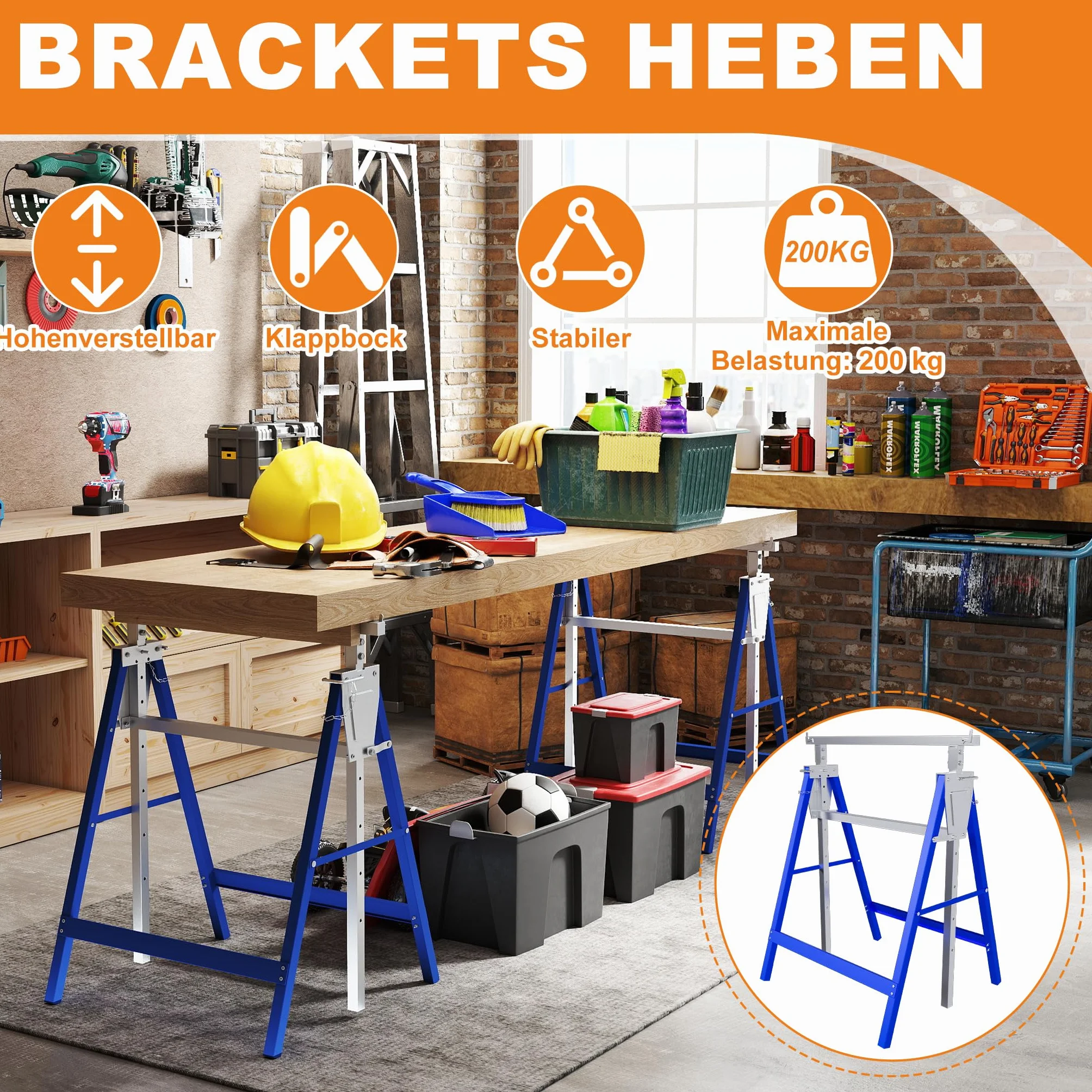 YRHome Höhenverstellbarer Arbeitsbock 2er Set, Stahl Klappbare Unterstellböcke, Tragkraft 150 kg pro Bock, 7 Stufen Verstellung 80-130 cm, Robuste böcke als Gerüstbock für Werkstatt & Baustelle