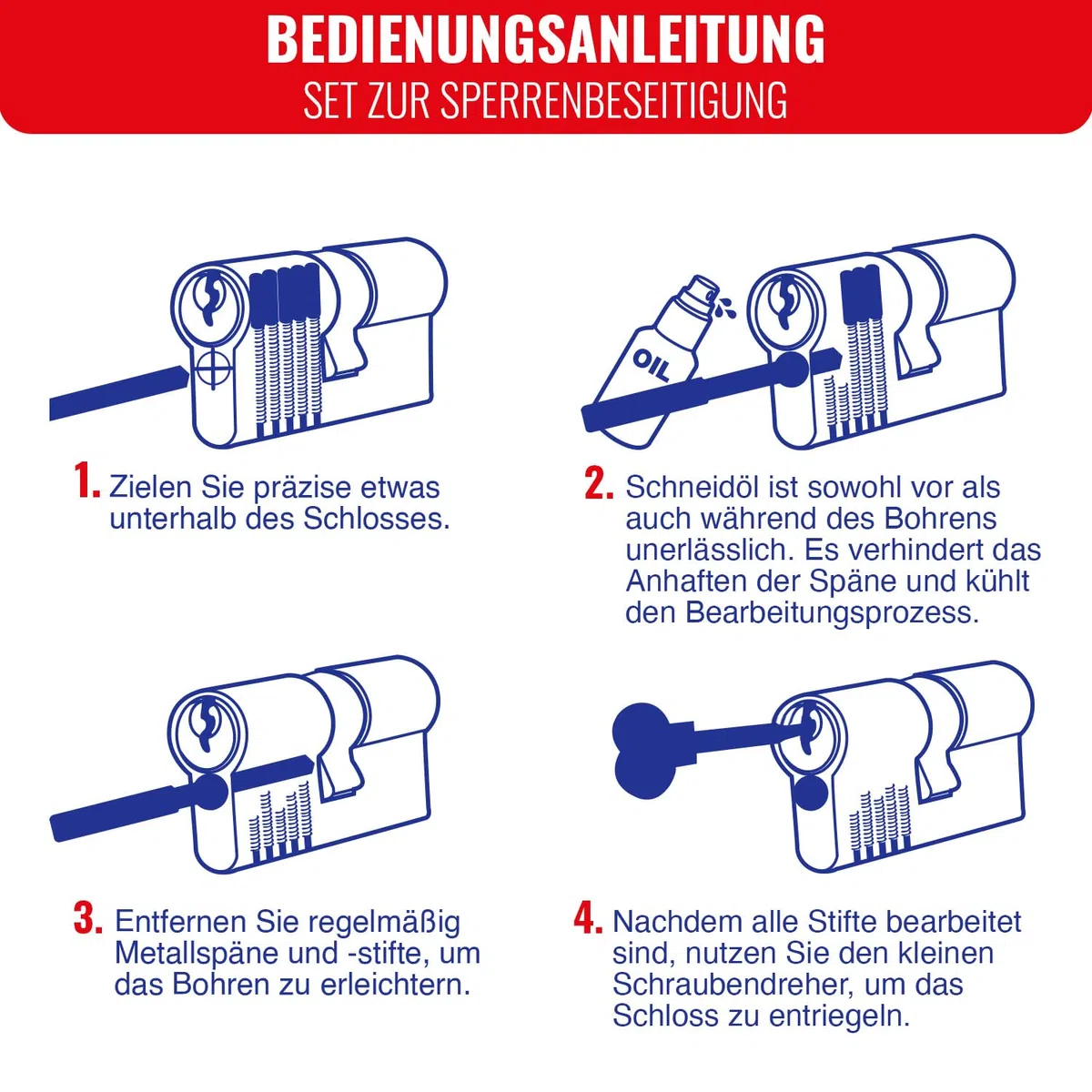 TIVOLY - Sperrenbeseitigungs-Set - 1 kurzer Hartmetallbohrer Ø 6 mm + Schneidöl + Türschloss-Schraubendreher