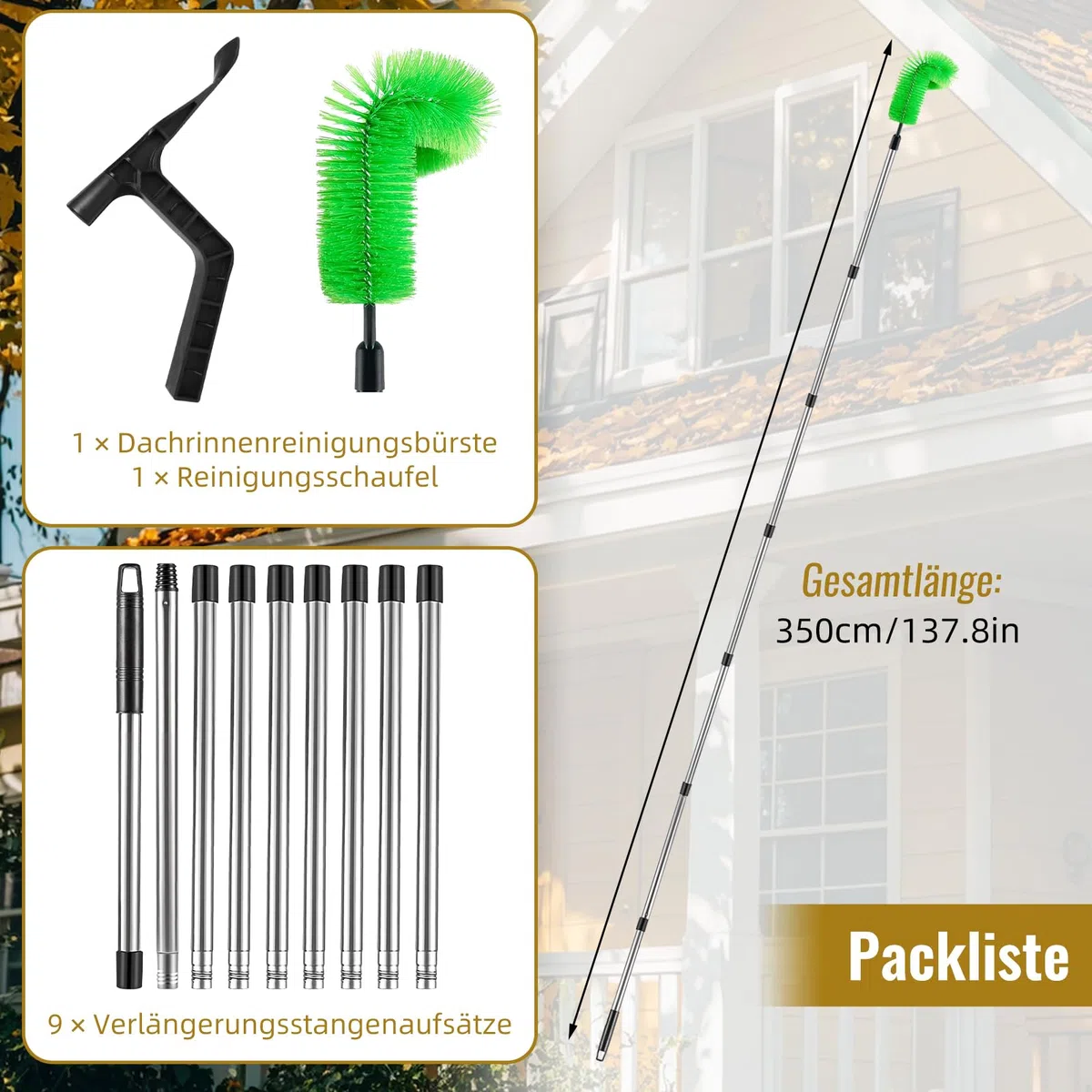 350cm Dachrinnenreiniger Dachrinnenbürste, Aartner Dachrinnenreiniger mit Teleskopstiel DachrinnenReinigungsbüRste Von BläTtern, Schmutz, Fenstern, Dachrinnen (Brush + 9 Rods + Scoop)