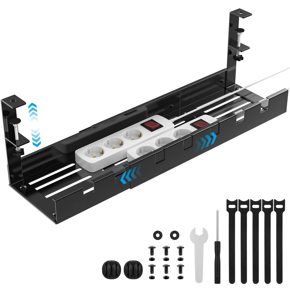 Kabelkanal Schreibtisch Ohne Bohren - Einziehbar 40-74CM Kabelmanagement Schreibtisch - Länge Verstellbarer Kabelhalter Kabelwanne Tisch Inkl. Zubehör - Kabelkorb für Büro - Schwarz