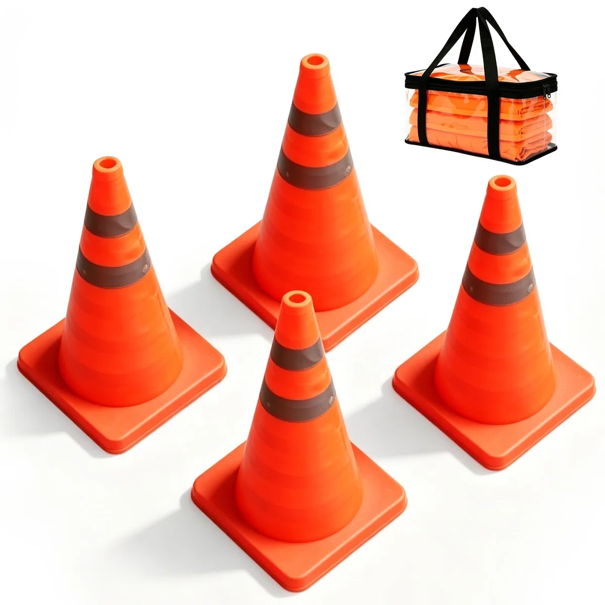 4 Stück Pylonen faltbar, 45 cm Verkehrshütchen, Warnkegel mit reflektierendem Kragen Pop Up Sicherheitskegel für Baustellen Parkplätze Straßen Sportmarkierung inkl Tragetasche