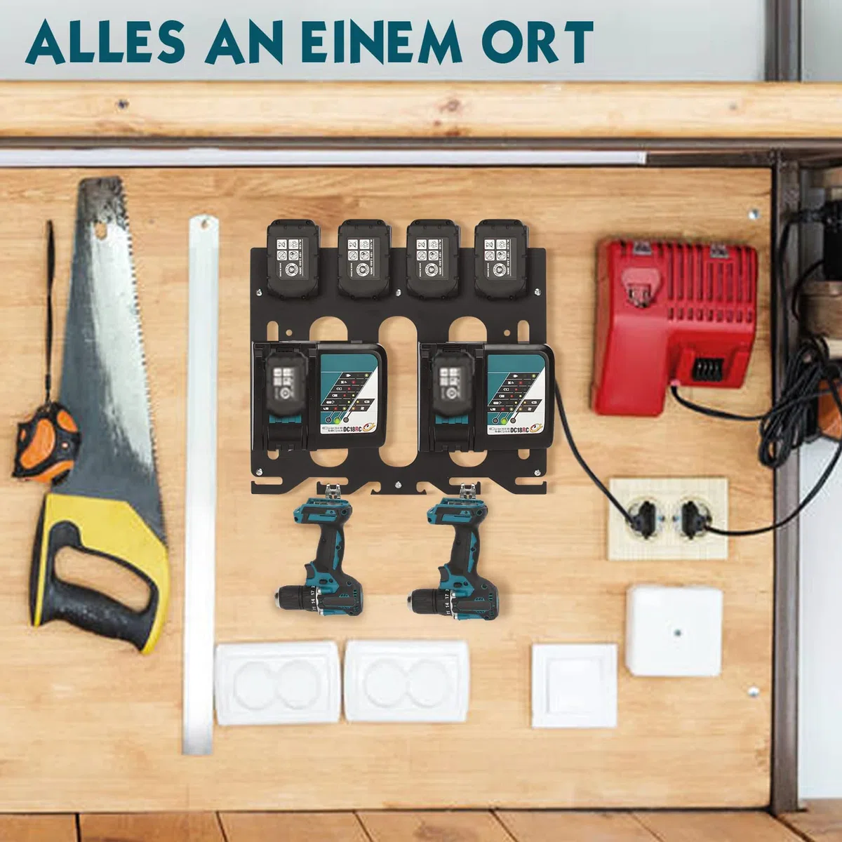 TOPOWN 3in1 Wandhalterung für Makita Akkus 18V 14,4V, Ladegeräte und Akku-Bohrschrauber, stabiler 4er Akkuhalter Ladegeräthalter und Akku-Bohrschrauber, Ordnung in Werkstatt und Garage, Schwarz