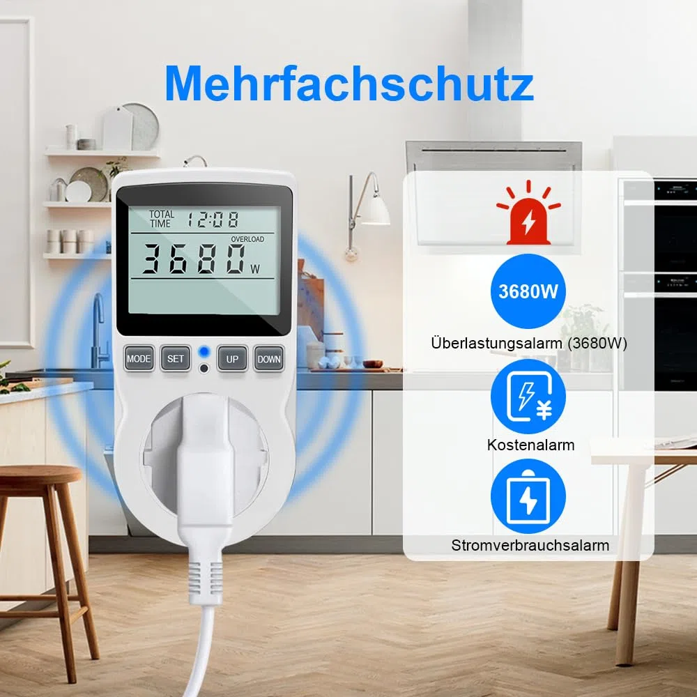 KETOTEK Energiekostenmessgerät, Stromzähler für Steckdose mit 11 Überwachungsmodi 3680W, Strommessgerät mit Überlastsicherung, Stromkostenmessgerät, Leistungsmessgerät Elektrizitäts Analysator LCD