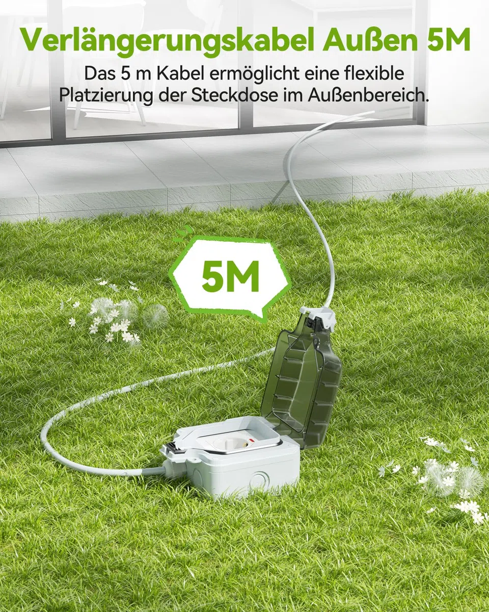 Außensteckdose Wasserdicht IP66 Outdoor Steckdose mit Verlängerungskabel 5M, Schalter mit Kontrollleuchte, Abschließbarer Klappdeckel, Aufputz-Wandmontage für Garten & Außenbereich, Grau, 16A