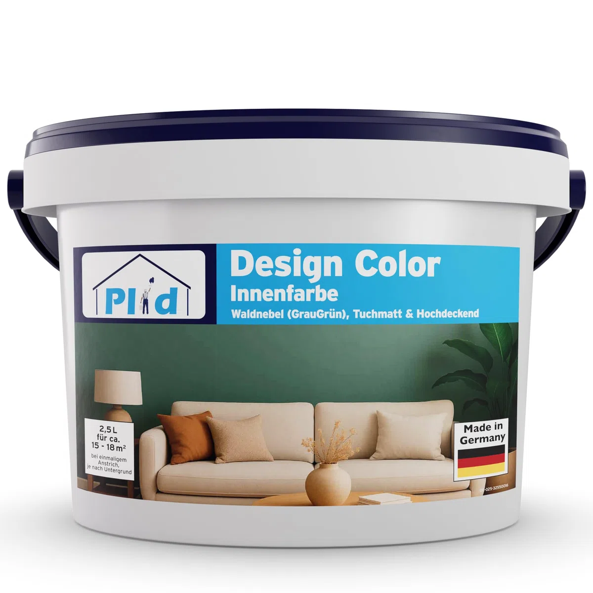 Plid® Design Innenfarbe Grün 2.5L [HOHE DECKKRAFT] Design-Colour Waldnebel - Bunte Farbe Wand - Matte Wandfarbe - Für ca. 15-18 m² in Profi Qualität - Atmungsaktiv & Tropfgehemmt