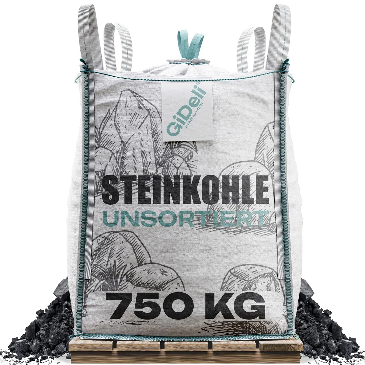 GiDeli Steinkohle 750kg - Kohle Fuer ofen und Kaminofen - Unsortierte Anthrazitkohle 5–50 mm – Hoher Heizwert 24–26 MJ/kg – Big Bag Heizkohle zum Heizen