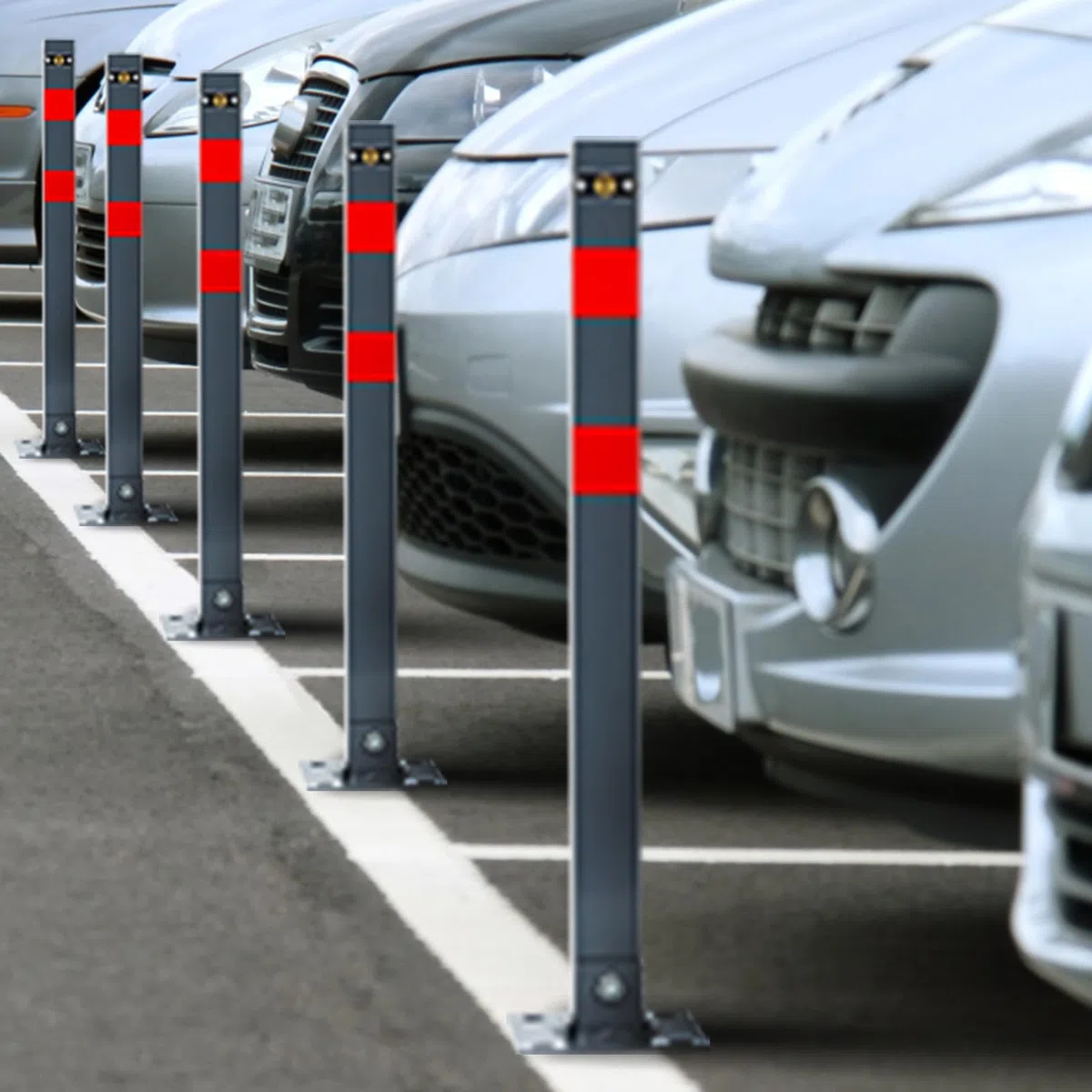 Parkplatzsperre, Parkplatzsperre klappbar, manueller Absperrpfosten Parkpfosten Poller mit 3 Schlüsseln und 4 Dehnschrauben, Stahl Sperrpfosten mit Reflexstreifen