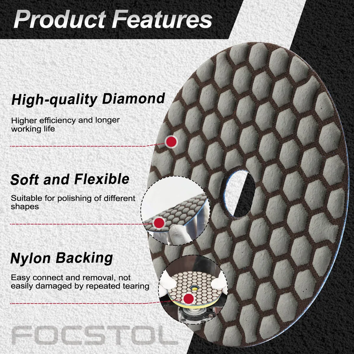 FOCSTOL Diamant Trocken Polierscheiben - 8 Stück 100mm (#50x3+#100x3+#200x2) Diamant Schleifpad M14 Unterlage für Granit Marmor Kunststein Quarz für Winkelschleifer