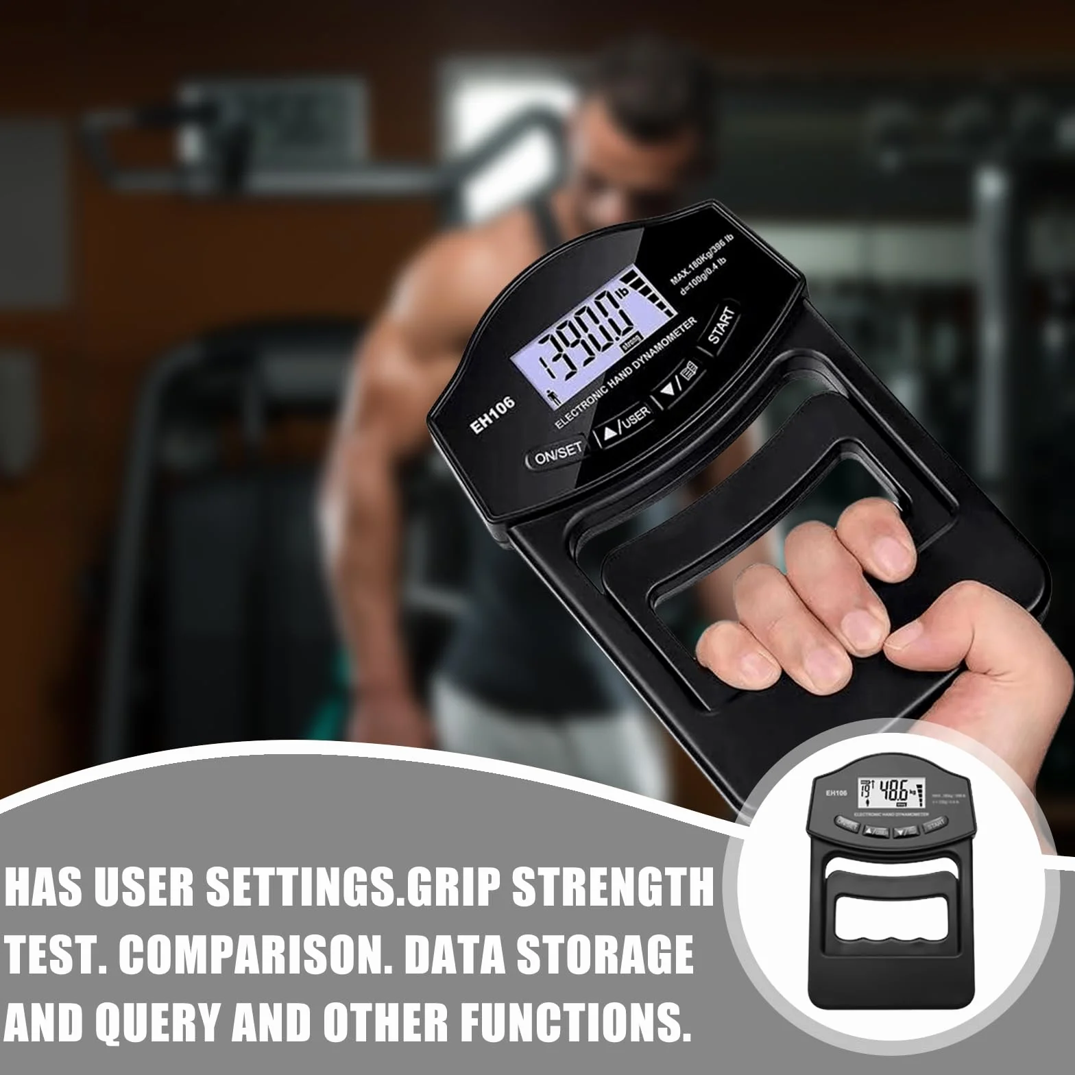 Digitaler Handkraftmessgerät, 396lb/180kg Griffkraft Messgerät Handkraftmessgerät, Einfühlsam Grip Strength Tester, Elektronische Griffkraft Messgerät Großer LED-Bildschirm Mit USB-Ladekabel(Schwarz)