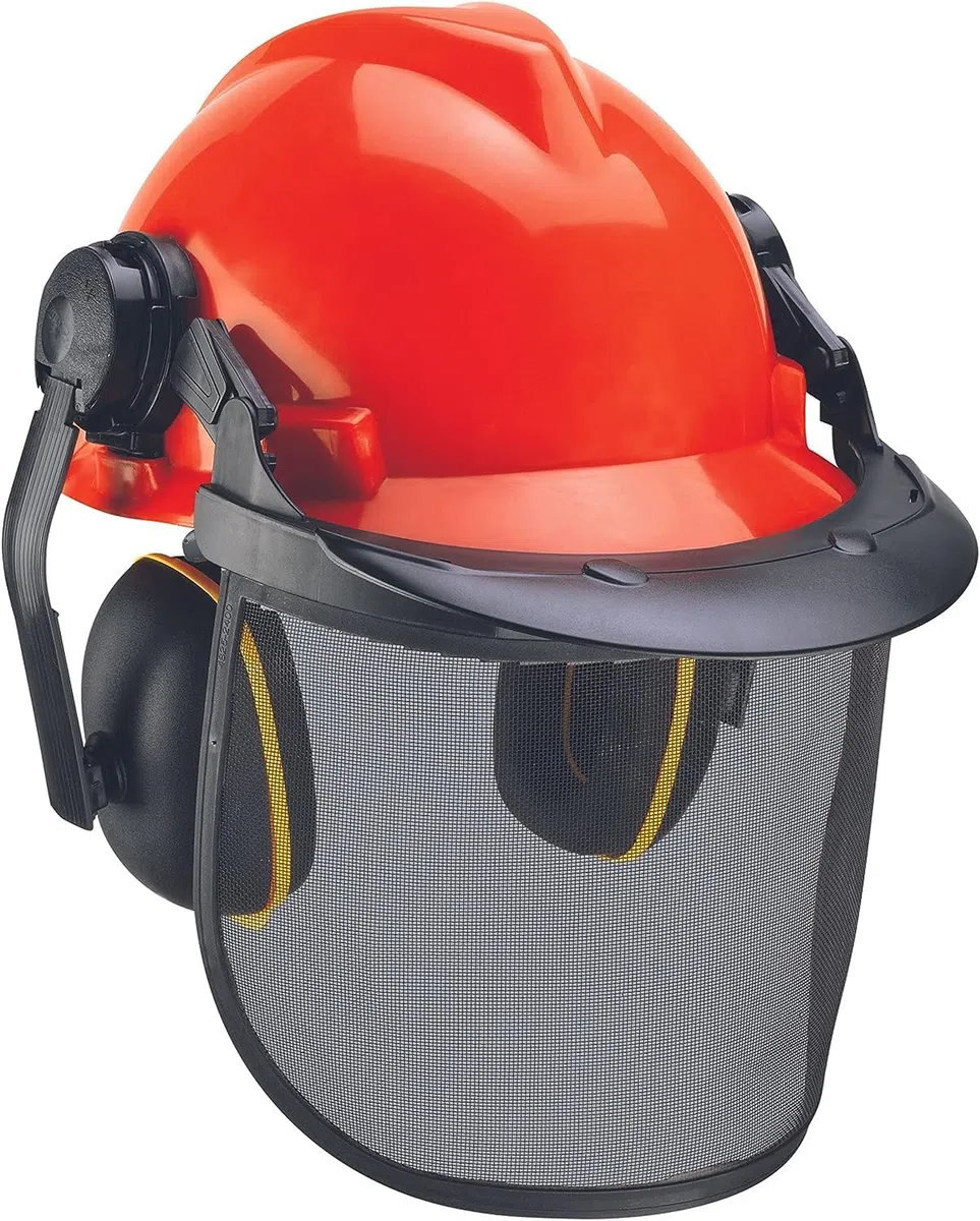 Original Einhell Forstschutzhelm (optimaler Schutz für die Arbeit mit Kettensägen, Gehörschutz, Gesichtsschutz, für 52-66 cm Kopfumfang)