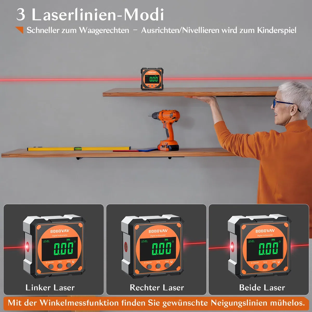 Digitaler Winkelmesser Laser, Wasserwaage Neigungsmesser mit 4-seitigem Magnet, LCD Display, Typ-C-Aufladen Winkelmessgerät Laser Level Box für Rohr- Holzarbeitung Hängerahmen Sägen Auto