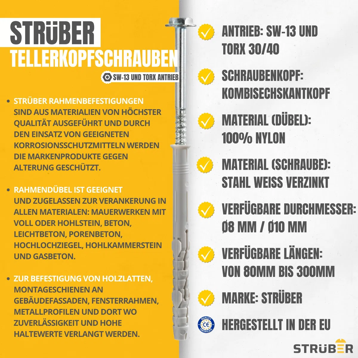 STRÜBER Rahmendübel mit Sechskantschraube & Scheibenkopf mit SW/TX-Buchse (10x160 mm / 50 Stück) Torx - Fensterrahmendübel - Langschaftdübel - Wandrahmenbefestigung - Nylondübel - ETA Zulassung