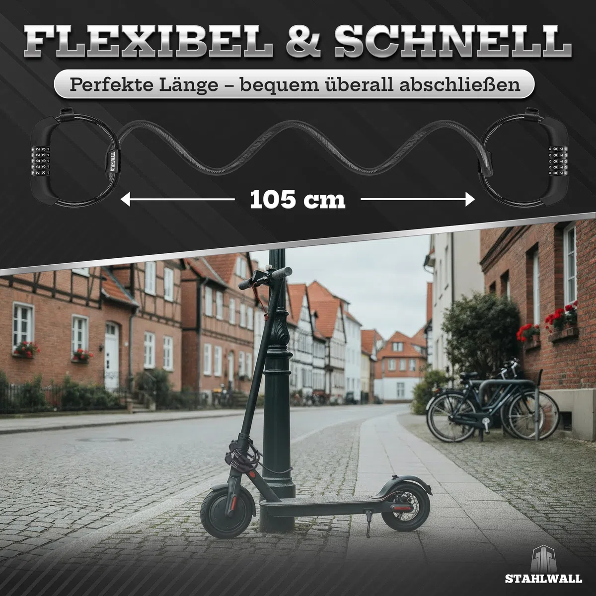 E Scooter Schloss Zahlencode – mit Halterung – robustes Handschellenschloss, E-Roller-Schloss, Zahlenschloss für Roller und Fahrrad
