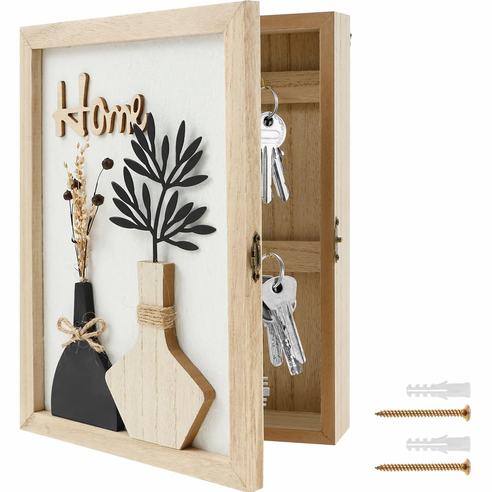 Schlüsselkasten, Holz Schlüsselbox mit 6 Schlüsselhaken,Dekor Schlüsselschrank mit Trockenblumen,Schlüsselhalter Wandhalterung,Schlüsselablage für Eingang,Flur,Büro(A)