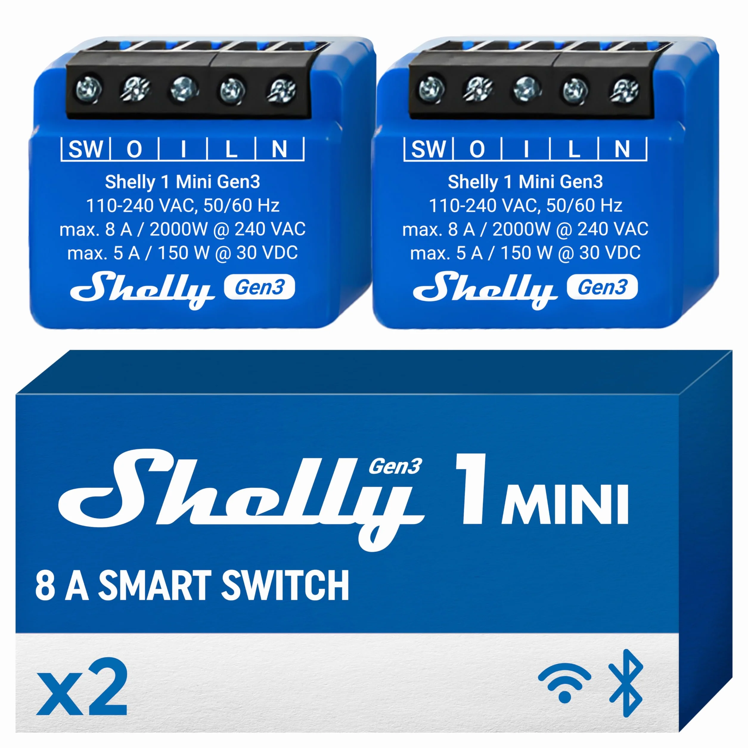 Shelly 1 Mini Gen3 - WLAN & Matter Smart Relaisschalter, 1 Kanal 8A, Potentialfreier Kontakt, Lichtschalter, Garagentoröffner, Smart Home, Zeitschaltuhr, Kein Hub Erforderlich, Alexa, Google (2 Stück)