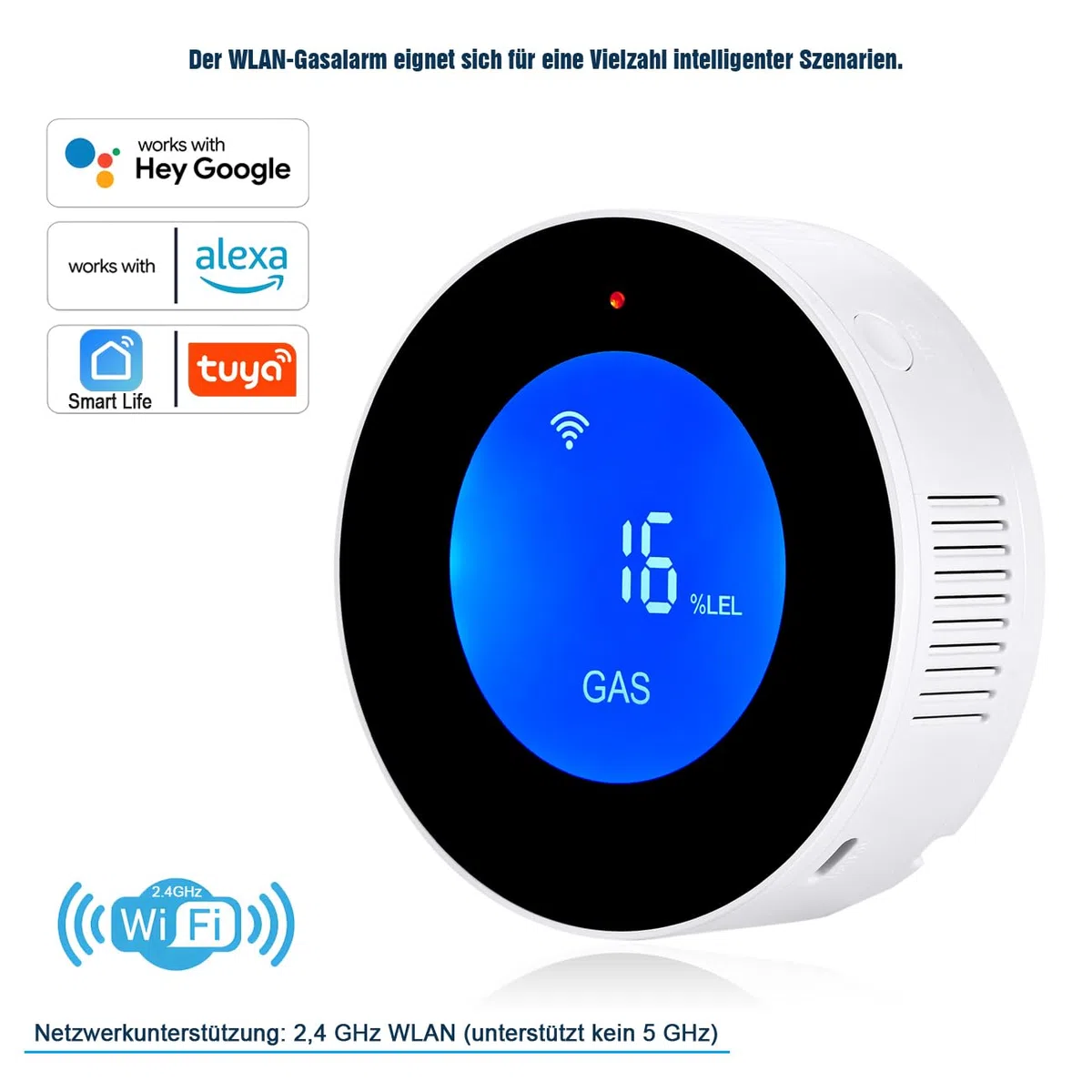 D MODUN WLAN -Gasmelder, tragbarer Gasleckalarm, kompatibel mit Smart-App, Tuya, Gasmonitor für Zuhause, Küche und Wohnmobil, Methangassensor mit 85-dB-Sprachalarm und visuellem Gaskonzentrationsalarm