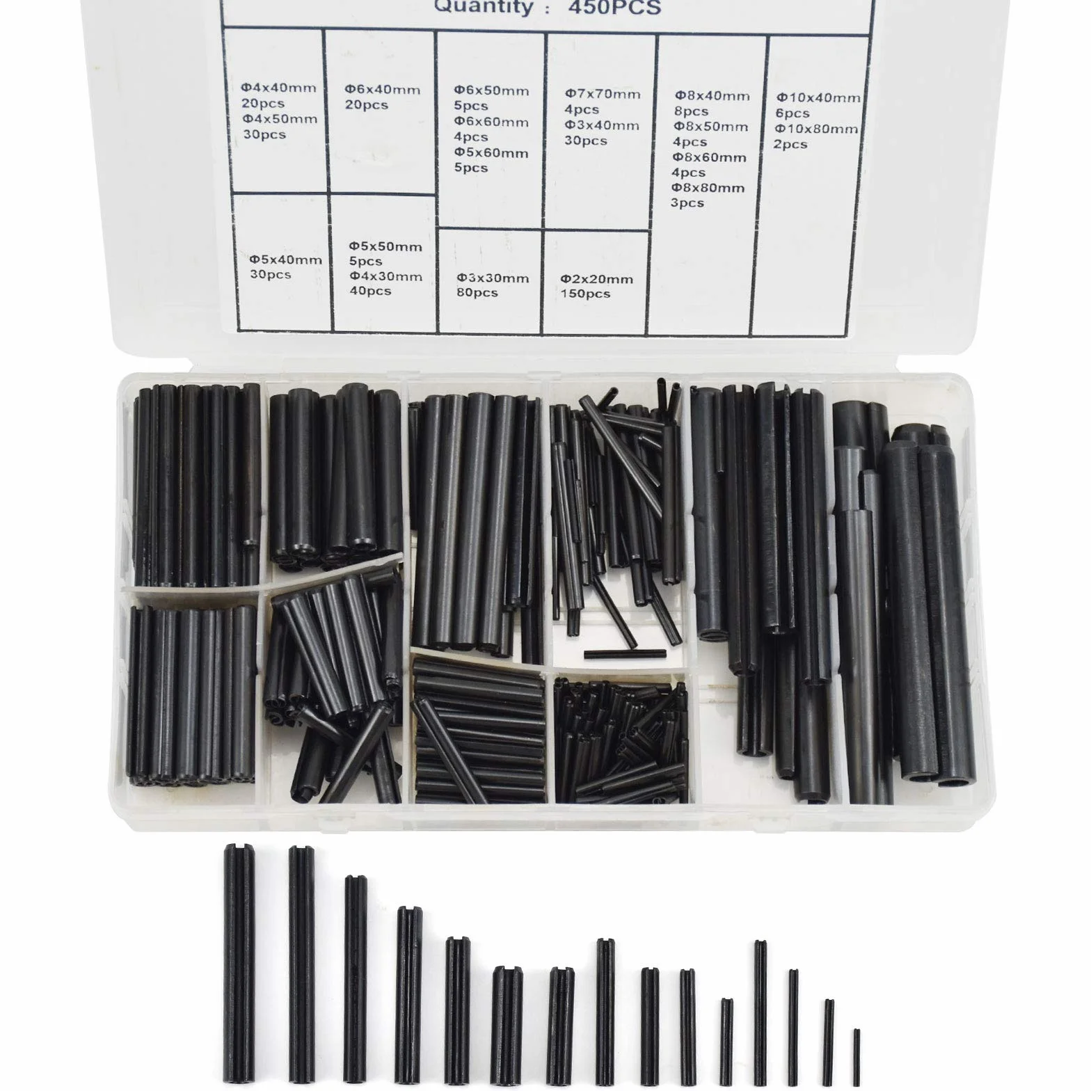 BIGP 450 Stück Hohl Federstifte Sicherungsring Hohlsplinte Sortimentskasten, Spannstift Sortiment, Geschlitzte Federstifte, Federstifte aus Edelstahl, Spannstifte, Hohlsplinte Größen ø 2.0-10 mm