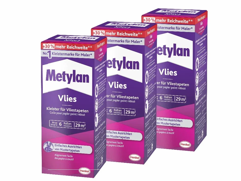 Metylan Vlies, Tapetenkleister für Vliestapeten mit glatter oder strukturierter Rückseite, einfach zu verwendender Tapetenkleister, Kleister mit hoher Ergiebigkeit, 3x180g