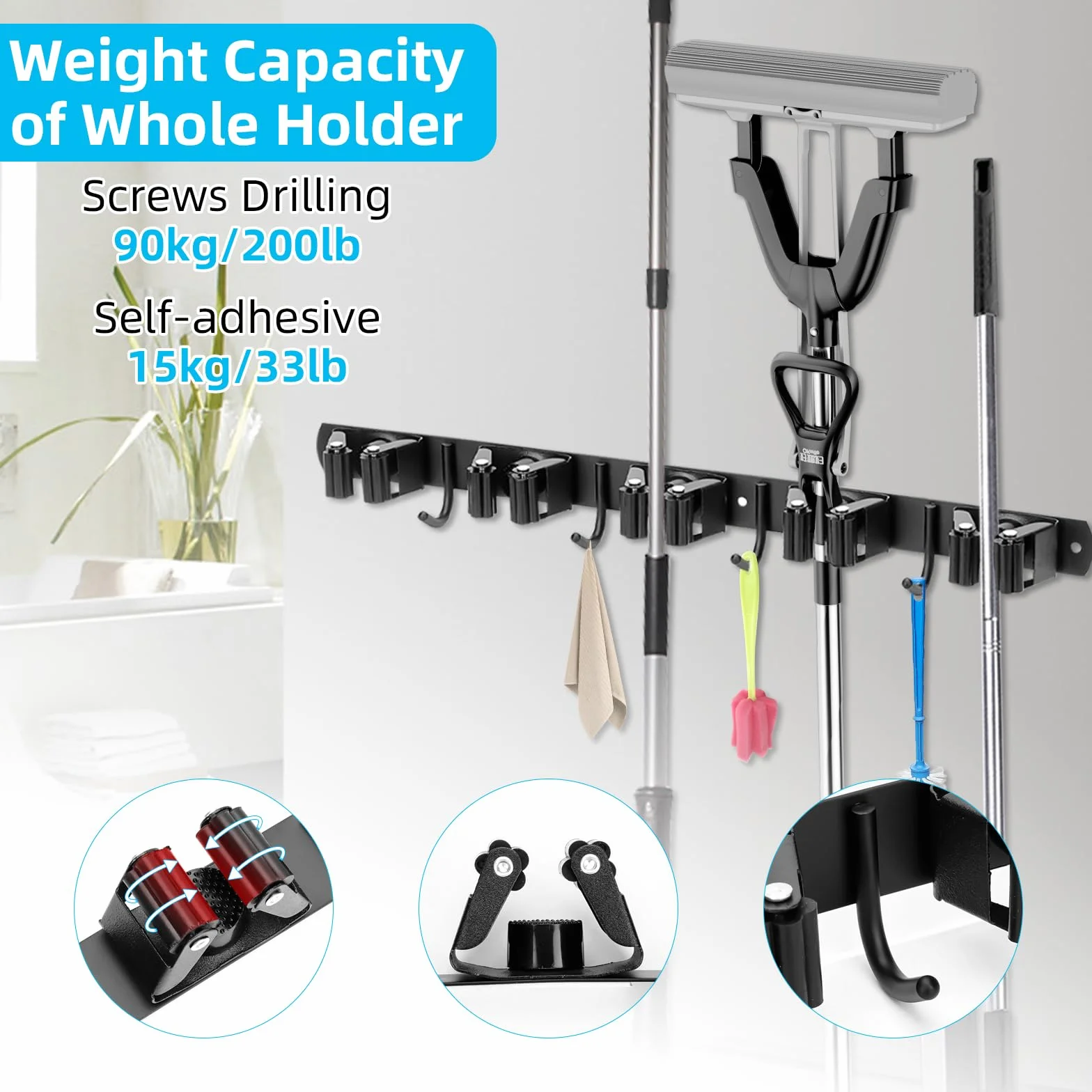 2 Stück Besenhalterung Wand, 10 Halter + 8 Haken Schwerlast Gerätehalter Selbstklebend, Gartengerätehalter aus Edelstahl, Besen Mop Halter Wandhalterung für Küche, Badezimmer, Garage, Garten, Schwarz