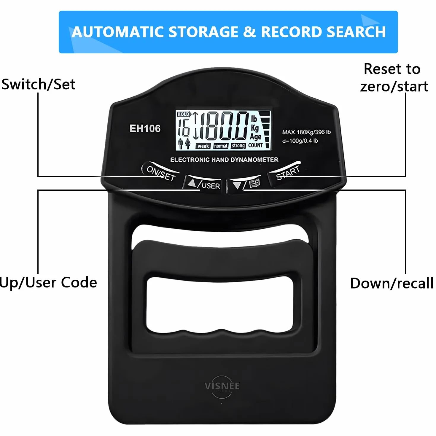Digitaler Handkraftmessgerät 396lb/180Kg Elektronische Griffkraft Messgerät Großer LED-Bildschirm Hand Dynamometer mit USB-Ladekabel, Intelligent und einfühlsam(Schwarz), WLQ2