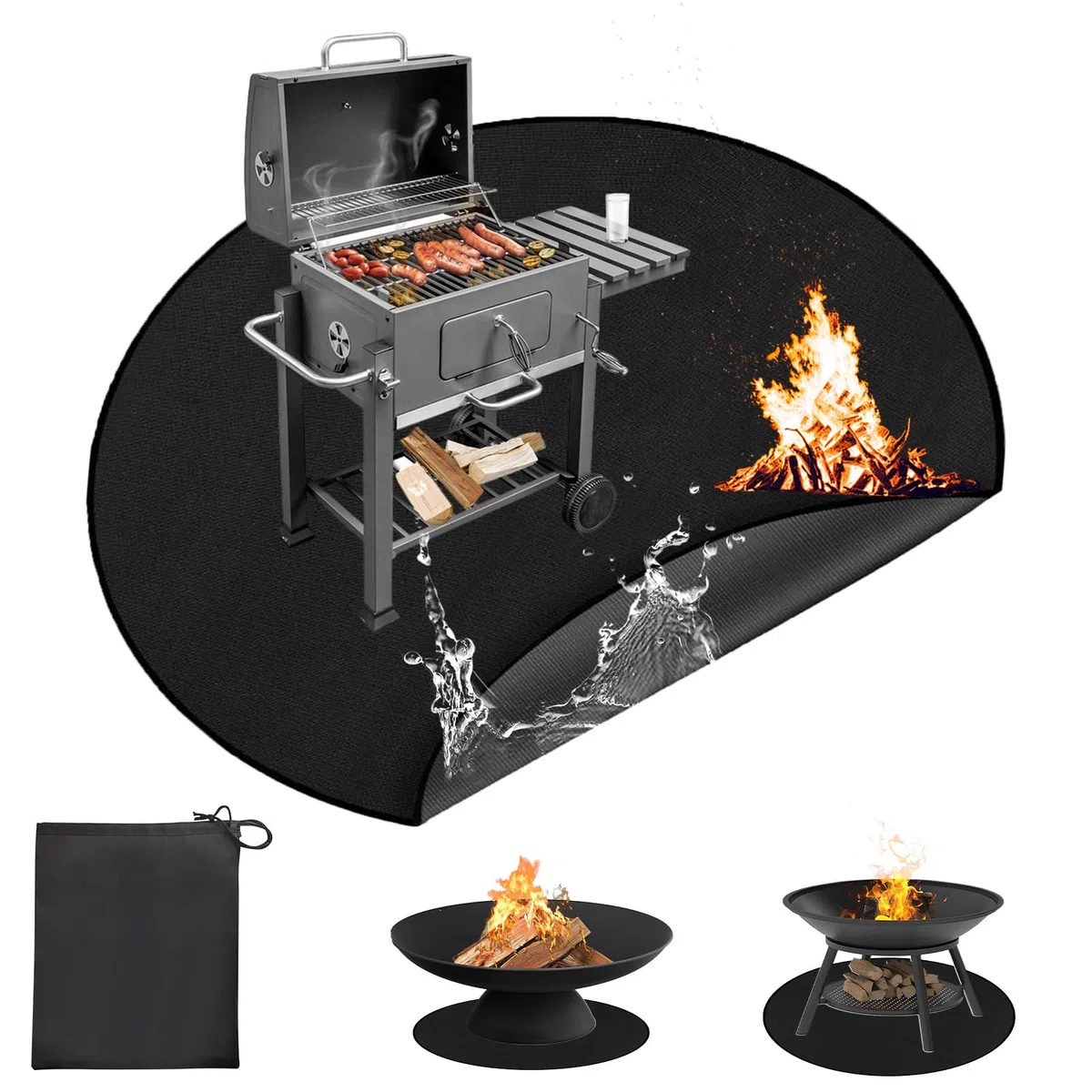 Rund Feuerfeste Unterlage, 120x120cm Feuerschutzmatte, 1093°C Feuerschalenmatte, 3 Schicht Außenbereich Hitzeschutzmatte Grillmatte Bodenschutz, Wasserdicht Faltbare Feuerschutzmatte für Boden, Deck