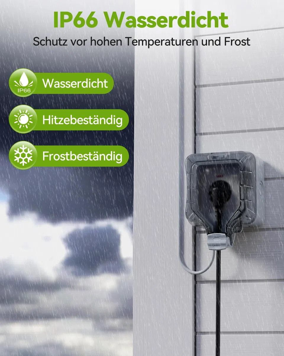 Außensteckdose Wasserdicht IP66 Outdoor Steckdose mit Verlängerungskabel 5M, Schalter mit Kontrollleuchte, Abschließbarer Klappdeckel, Aufputz-Wandmontage für Garten & Außenbereich, Grau, 16A