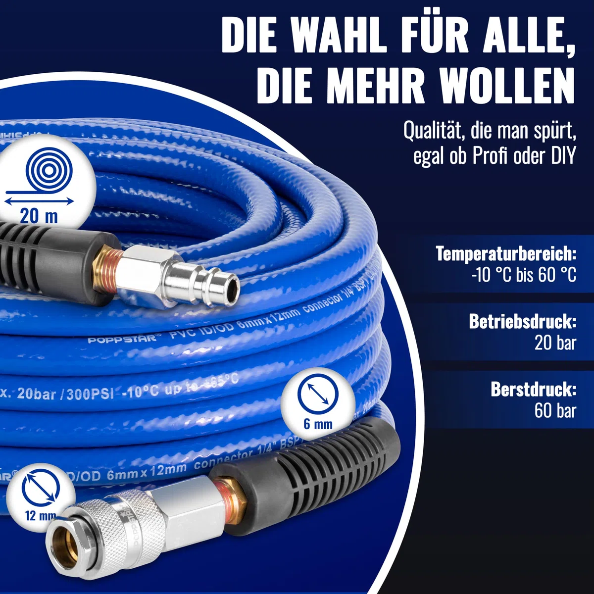 Poppstar PVC Druckluftschlauch 6/12mm, 20m lang, Schnellkupplung & Kupplungsstecker, 20 bar, blau