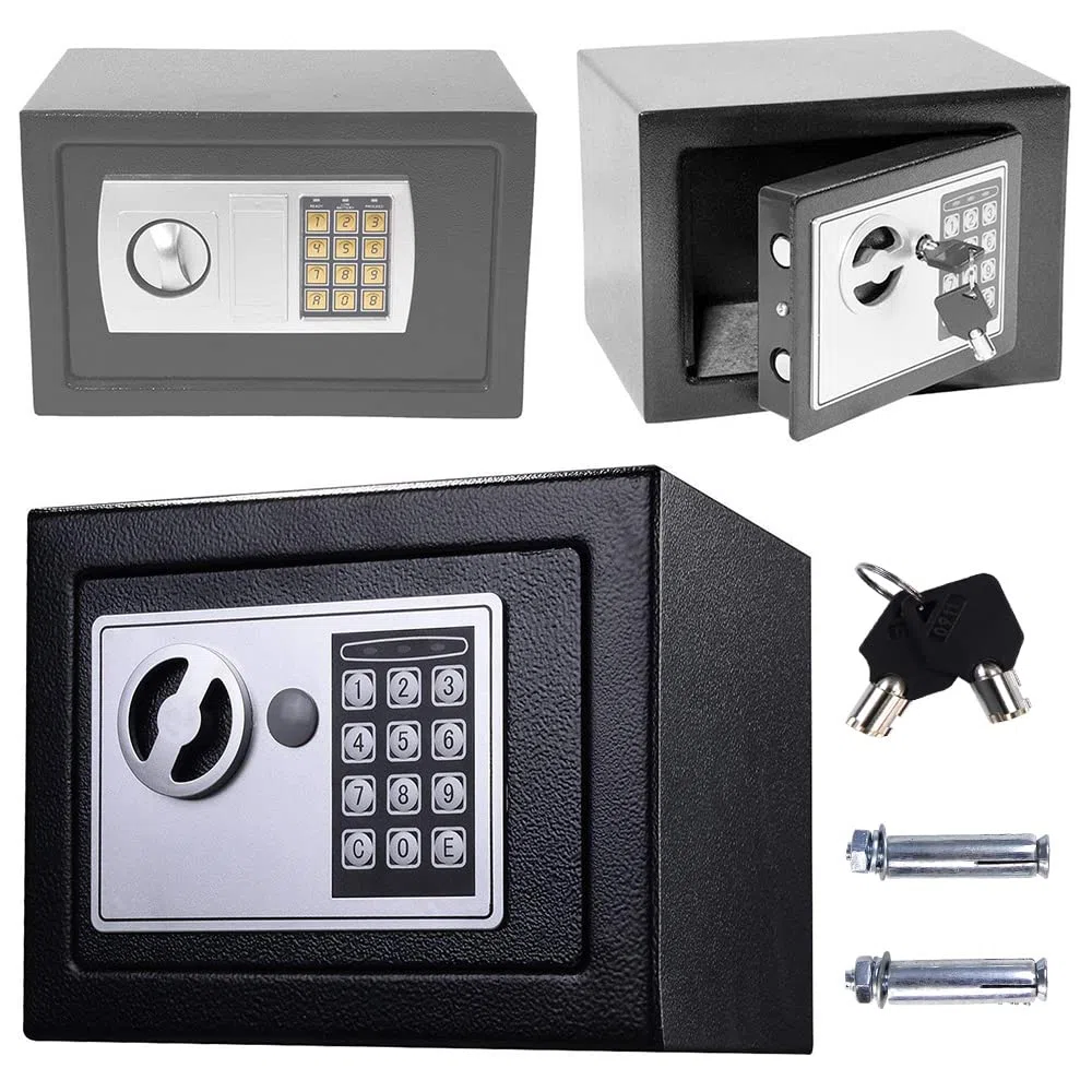 Klein Tresor Elektronik Safe Wasserdichte Sicherheitsbox Digital Heimtresor mit 2x Notschlüssel, Doppelbolzenverriegelung, für Munition Waffen Bargeld Schmuck Dokumente, 4.6L, Grau
