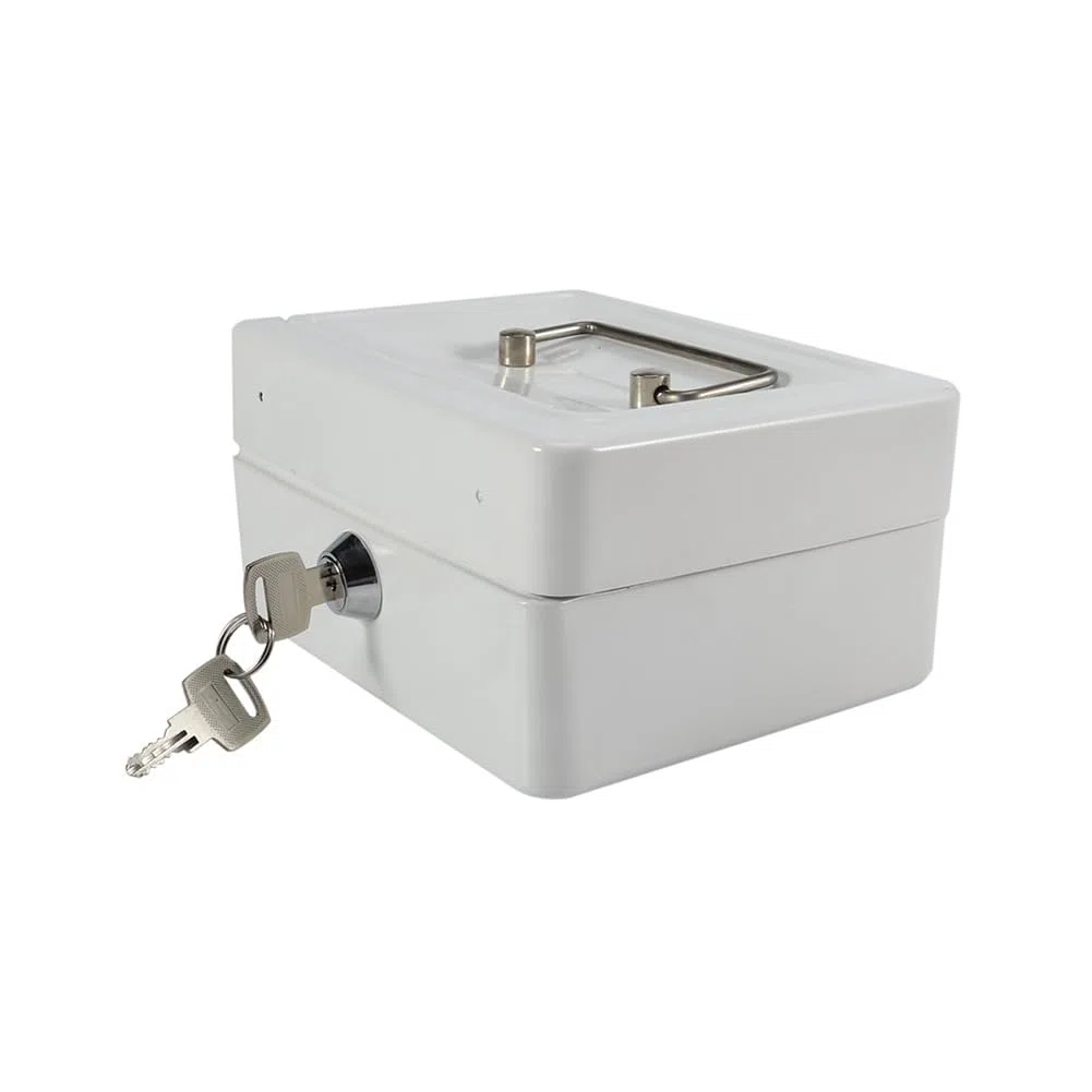 Feuerfeste wasserdichte Box mit Schlüsselschloss, Tragbare Mini Tragbarer Safe Stahl Petty Abschließbar Bargeld Geld Münze Schmuck Sicherheitsbox Geldkassette Tresor Griff Haushalt Ausweise Weiß